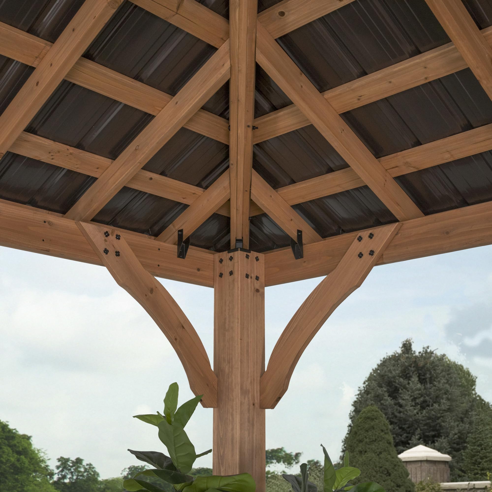 Backyard Discovery Barrington 12' x 12' Cedar Wood Outdoor Gazebo Pavilion with Hardtop Galvanized Steel Hip Roof, Snow Support, Wind Resistance, PowerPort, Shade for Garden, Patio, Deck, Entertaining