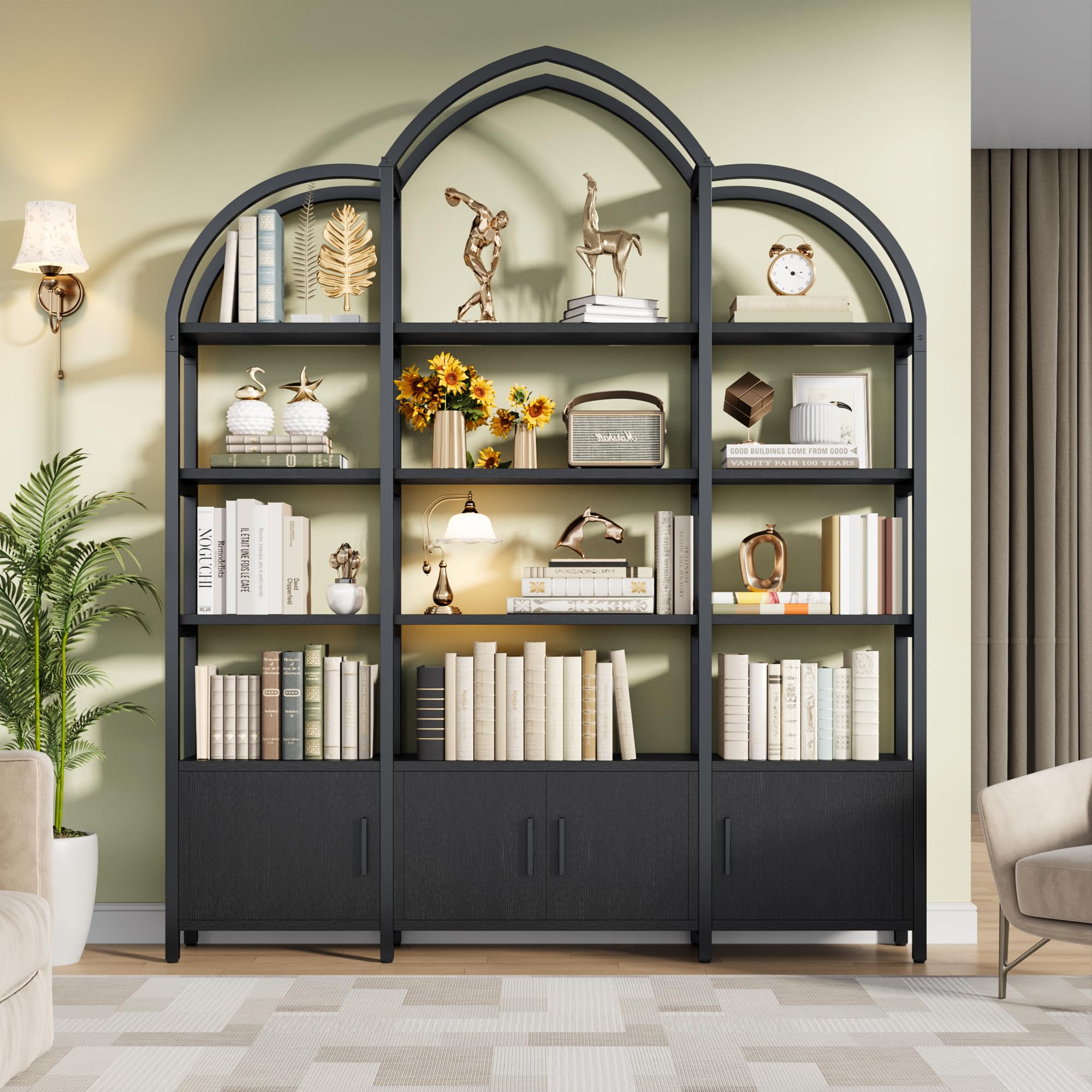 kepptory Tall Arched Bookshelf and Bookcase with 3 Cabinets, Triple Wide 5 Tier Industrial Etagere Open Bookshelf, Wood Book Shelf for Bedroom Living Room (Dark Black)