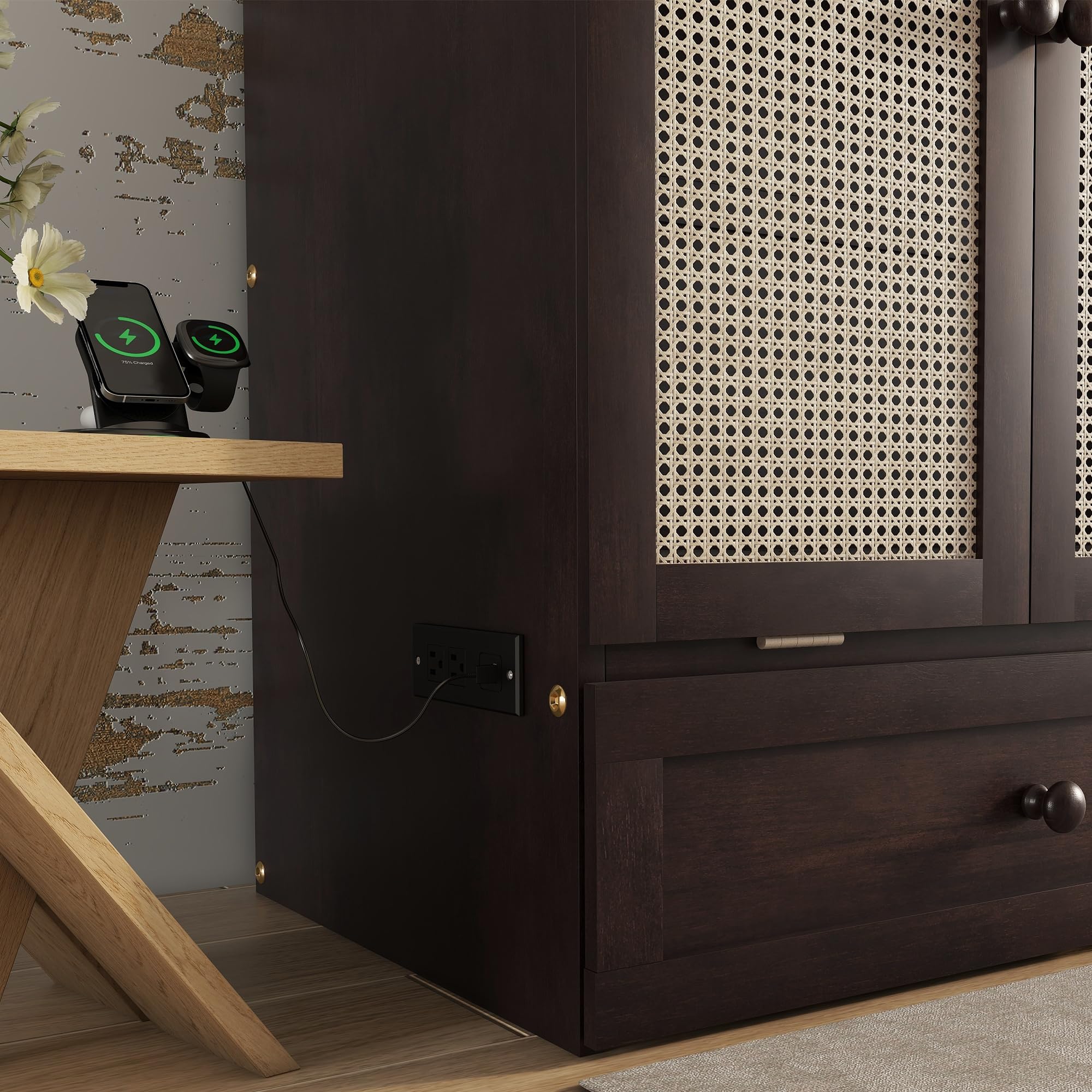 KEIKI Queen Murphy Bed w/Rattan Doors & Drawers, Space-Saving Foldable Wall Bed w/USB, Foldable Hidden Bed, Farmhouse Boho Style Guest & Living Room Bed, Espresso