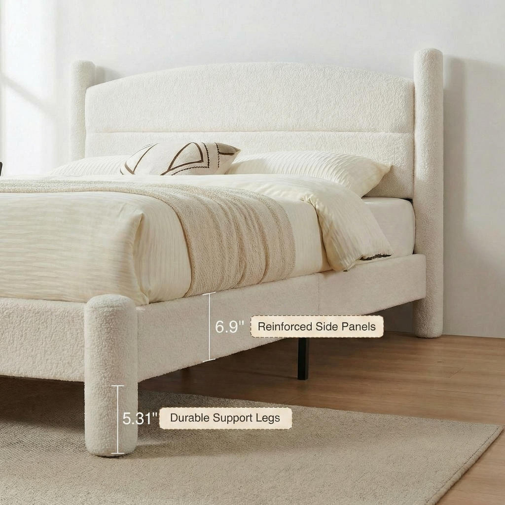 Garvee King Size Boucle Bed Frame, Upholstered Platform Cloud Bed with Soft Round Headboard & Cylindrical Legs, Heavy Duty & Noise Free, No Box Spring Needed, Easy Assembly, White