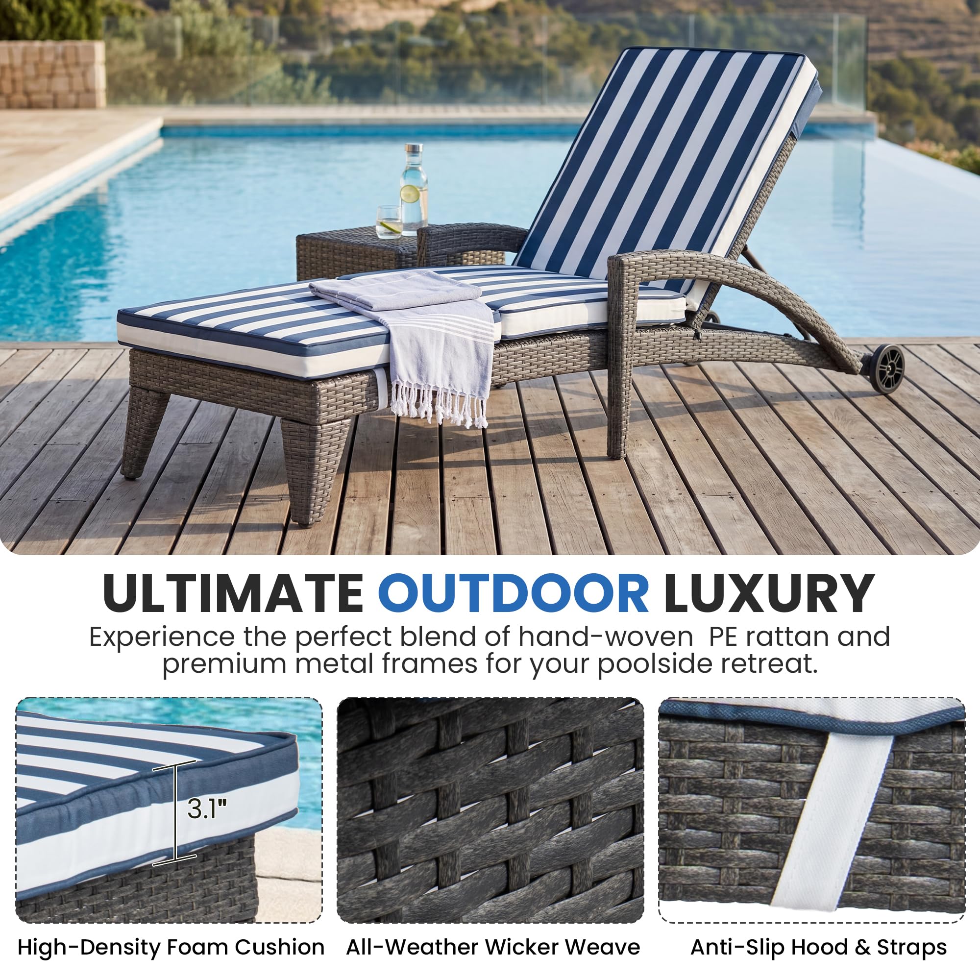 DAYARUS Patio Chaise Lounge Chairs Set of 2, Outdoor Recliner with Washable & Removable Cushions, 5-Position Adjustable Backrest, All-Weather Rattan & Metal Pool Lounger with Wheels for Deck, Blue