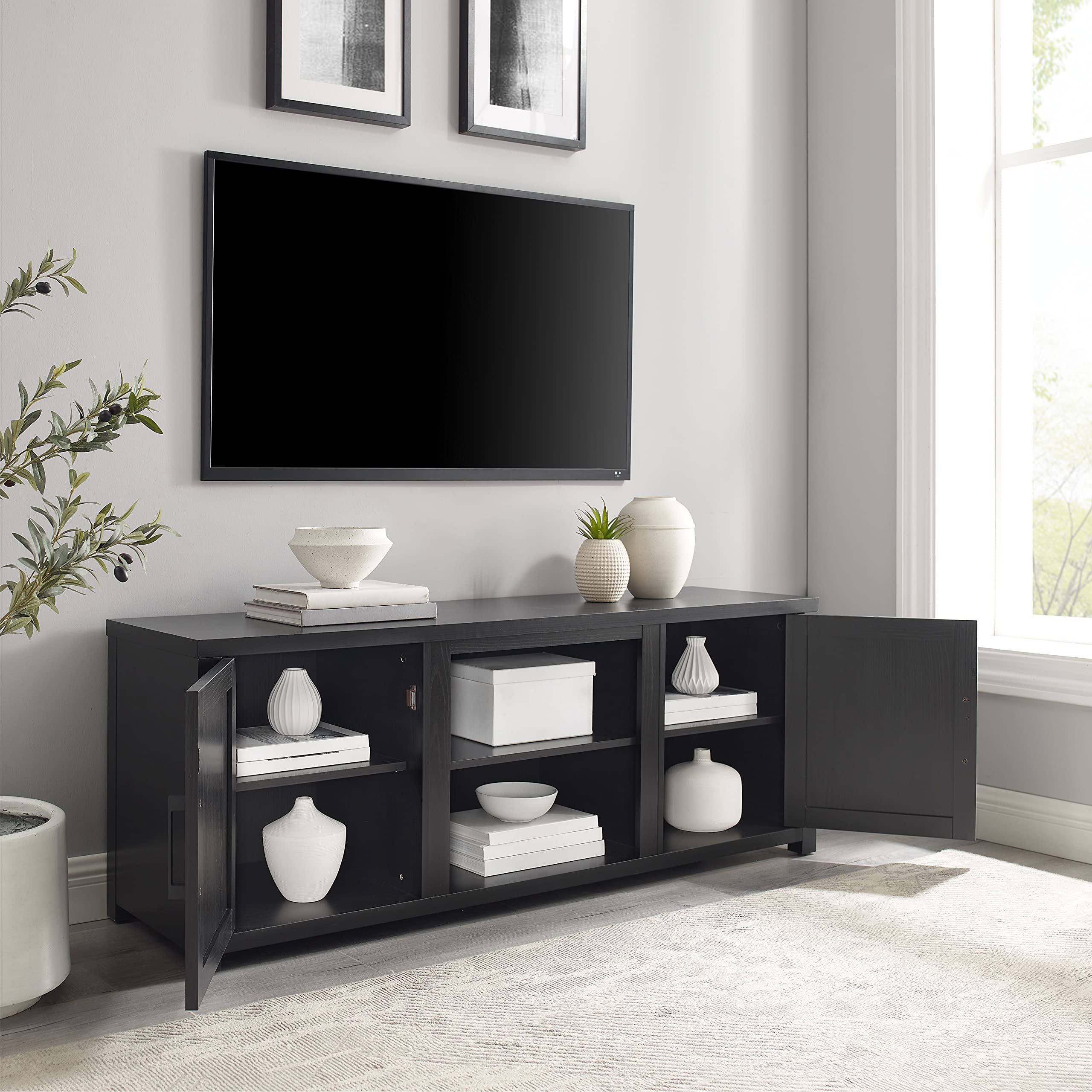 Crosley Furniture Gordon Low Profile TV Stand for 65+ inch TVs, Entertainment Center with Storage Shelves, Black