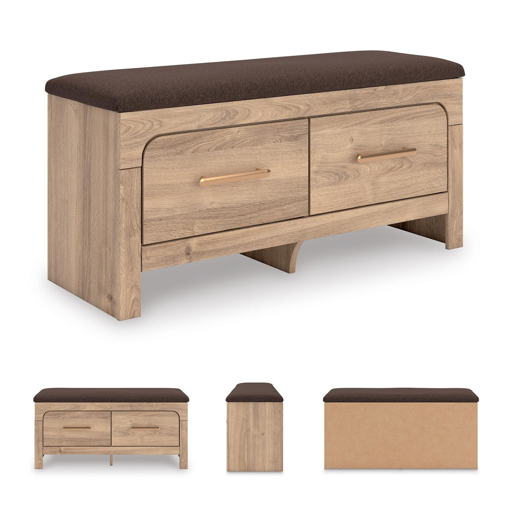 Signature Design By Ashley Hollymount Upholstered Bedroom Storage Bench, Two Drawers, Bronze Hardware, Wood/Fabric, 43.62" W x 15.75" D x 20" H, Tan/Brown