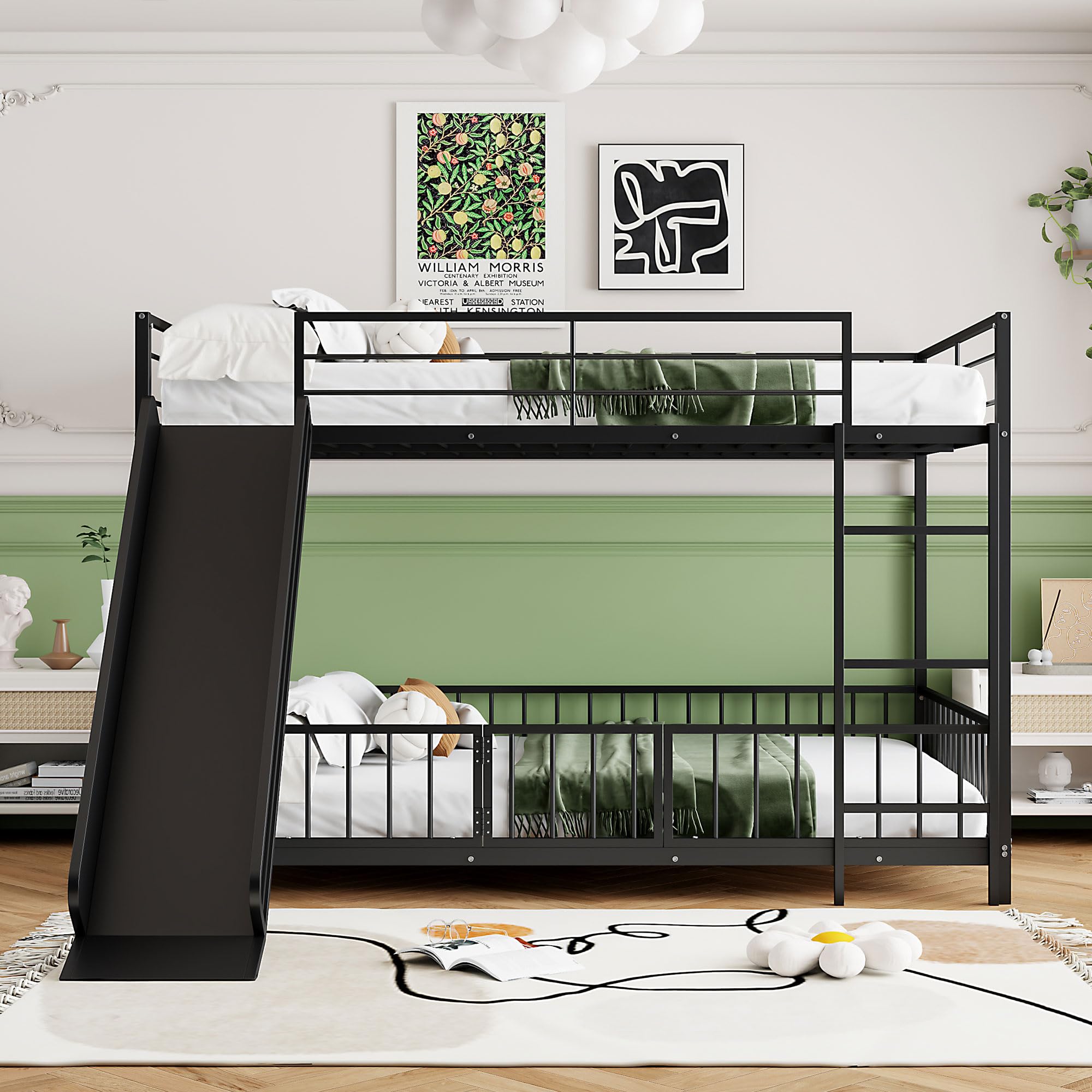 Bellemave Full Over Full Bunk Bed with Slide and Ladder, Metal Low Bunk Bed for Kids, Girls, Boys, Removable Fence, with Door, Black