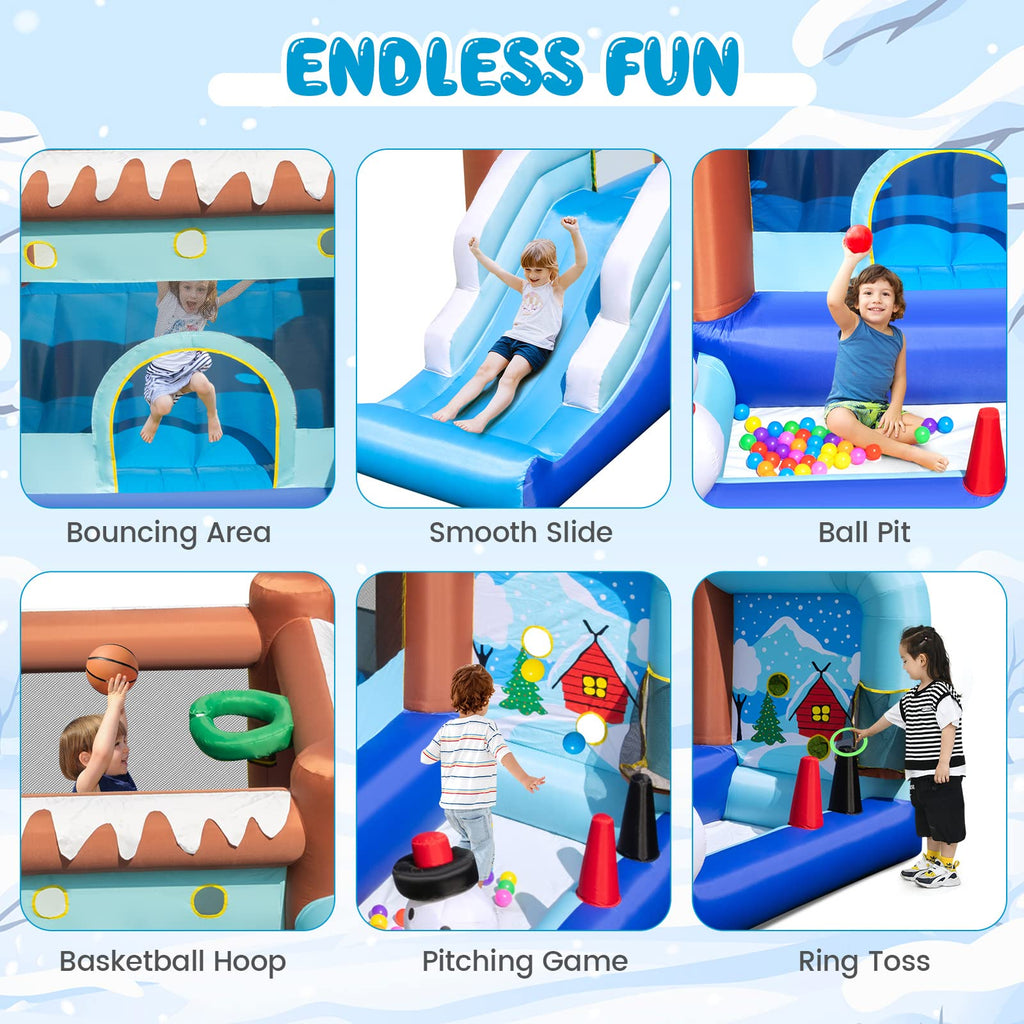 OLAKIDS Inflatable Bounce House, Christmas Snowman Theme Kids Jumping Castle with Slide Ball Pit Basketball Rim, Indoor Outdoor Inflatable Obstacle Course with 680W Blower Carry Bag
