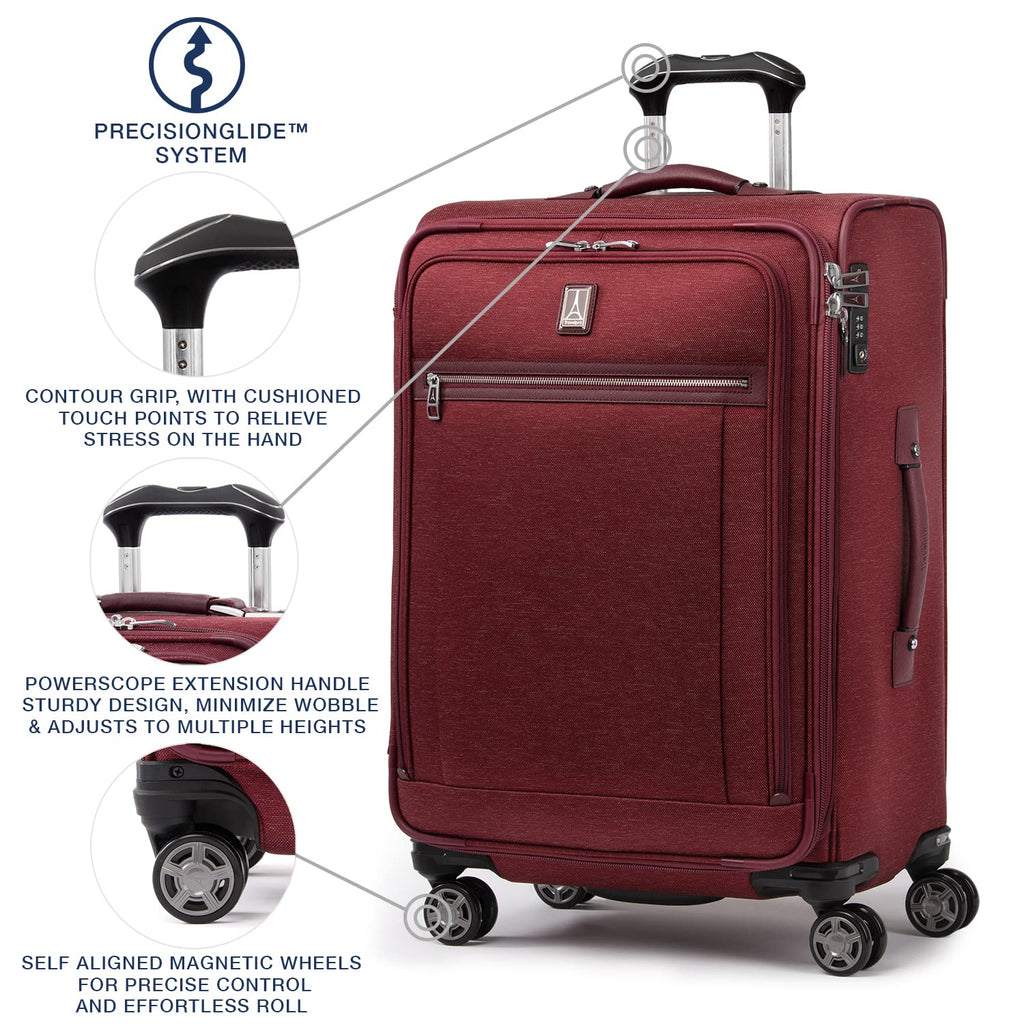 Travelpro Platinum Elite Softside Expandable Checked Luggage, 8 Wheel Spinner Suitcase, TSA Lock, Men and Women, Bordeaux Red, Checked Medium 25-Inch