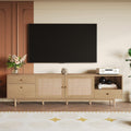 Ball & Cast 76" Boho TV Stand for TVs up to 85", Media Console with Real Rattan Doors, Open Shelf, 3 Drawers & 2 Cabinets, Natural Wood Grain Entertainment Center w/Solid Wood Legs for Living Room