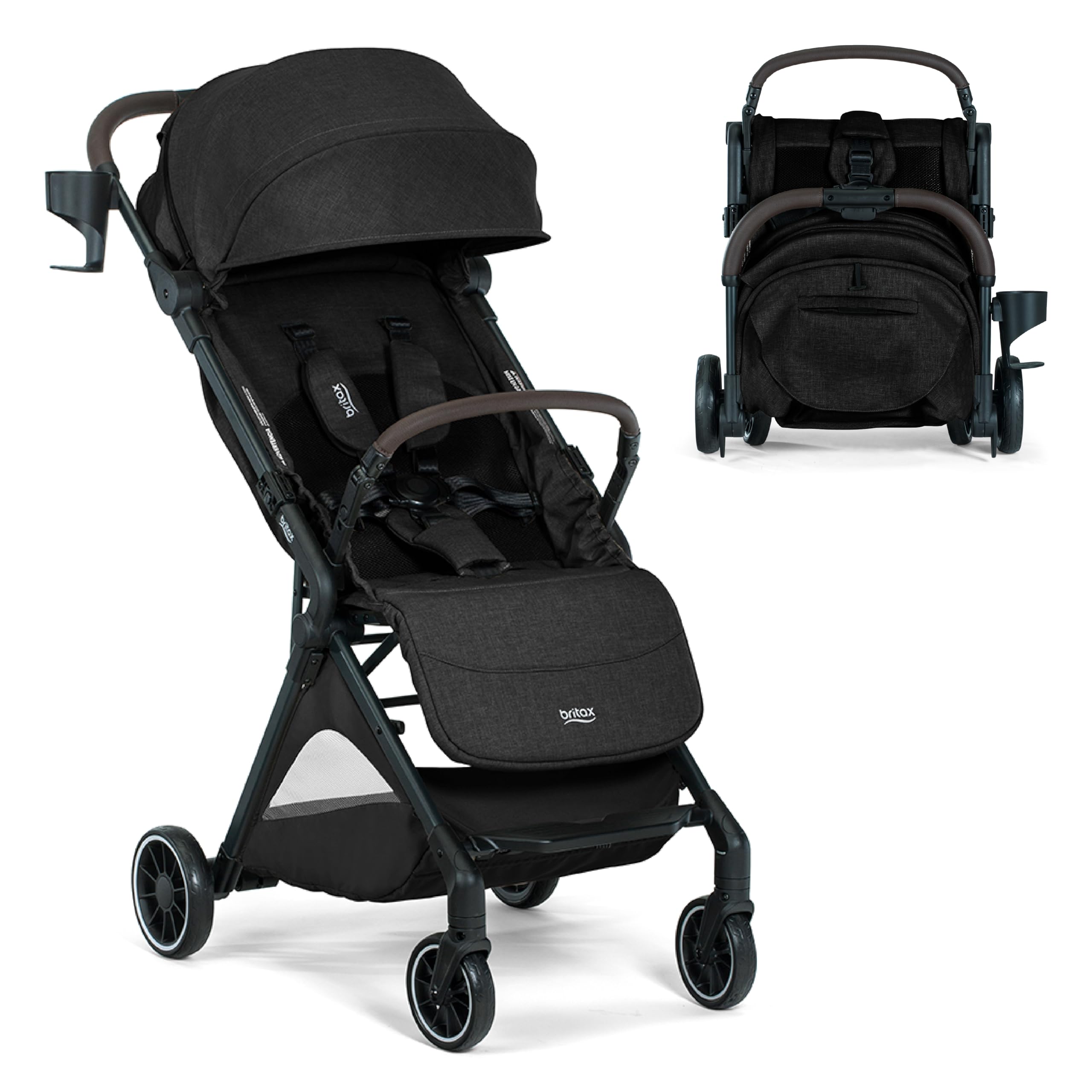 Britax Juniper+ Compact Stroller, Portable & Lightweight On-The-Go Stroller with Fastpack & One-Hand RapidFold, Infant Car Seat Compatible, Built-in Carry Strap, Ventilating Fabrics — Raven Black