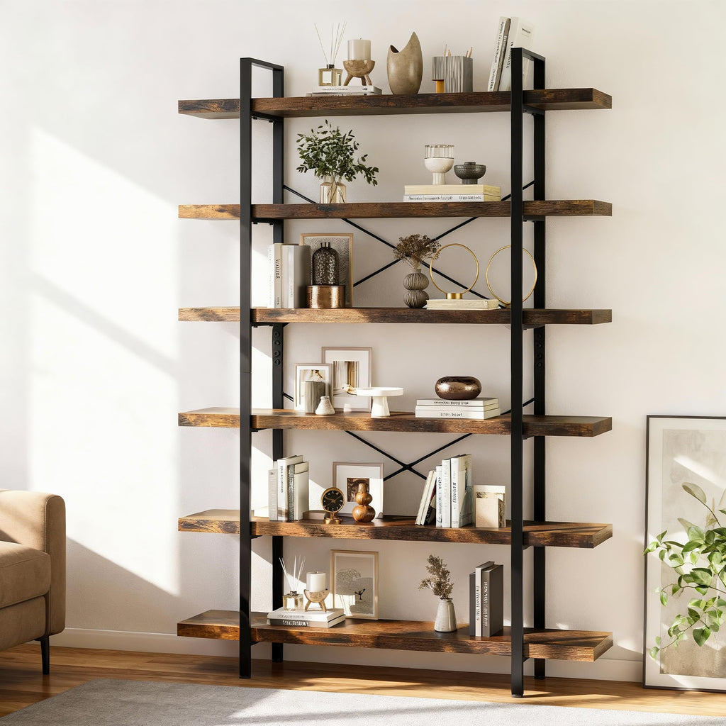 EPLICEMR 6 Tier Bookshelf 2 PCS, 80" H Heavy Duty Bookshelf,120lbs Shelf Capacity, 47" W Wood Industrial Bookshelf, Rustic Open Reinforced Horizontal Shelves for Living Room,Bedroom, Office