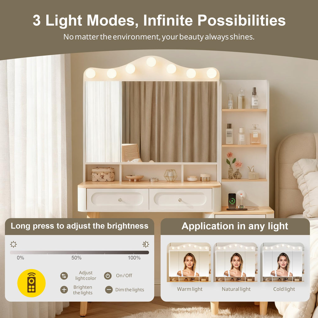 KEIKI Vanity Desk with Adjustable LED Lighted Mirror & USB Ports, Makeup Vanity Table Set with & Foldable 3-Sided Mirror & Large 5 Storage Drawers & Chest for Women and Girls Bedroom Dorm