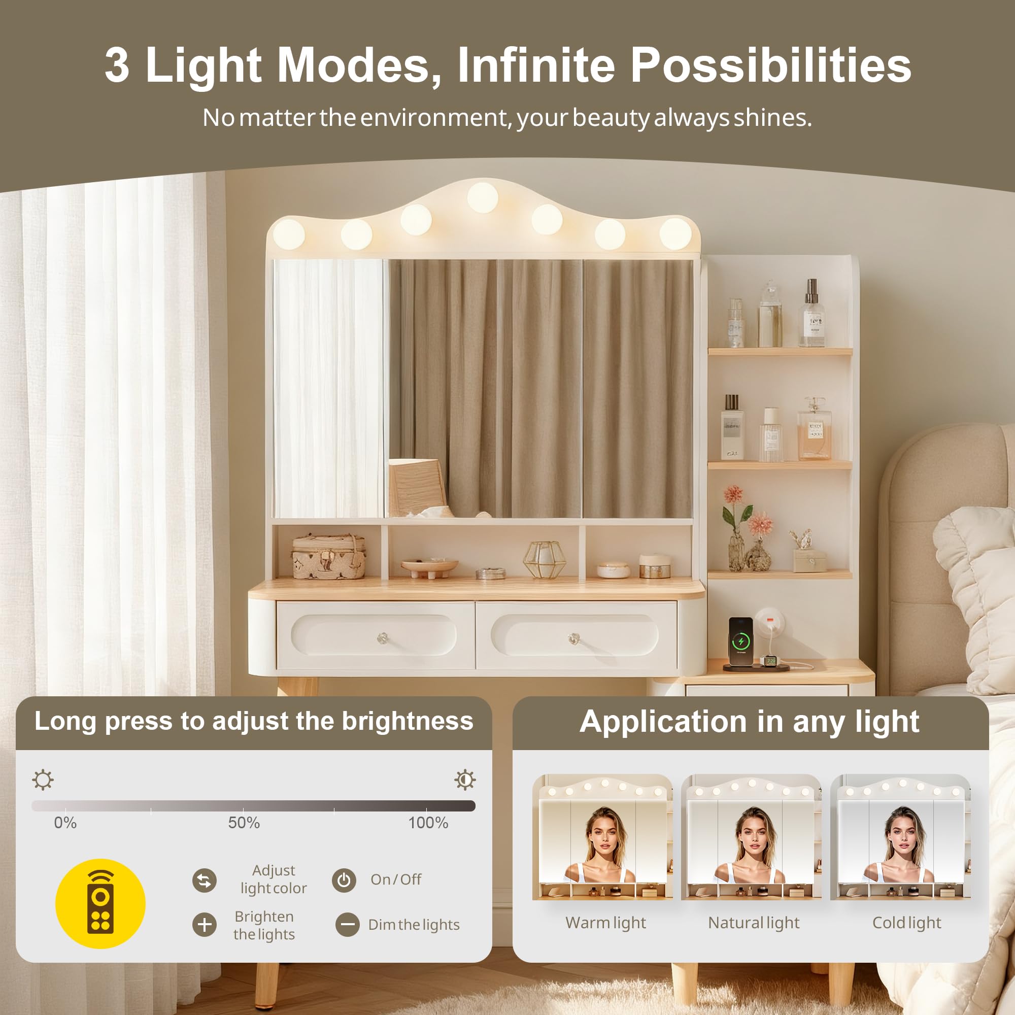 KEIKI Vanity Desk with Adjustable LED Lighted Mirror & USB Ports, Makeup Vanity Table Set with & Foldable 3-Sided Mirror & Large 5 Storage Drawers & Chest for Women and Girls Bedroom Dorm
