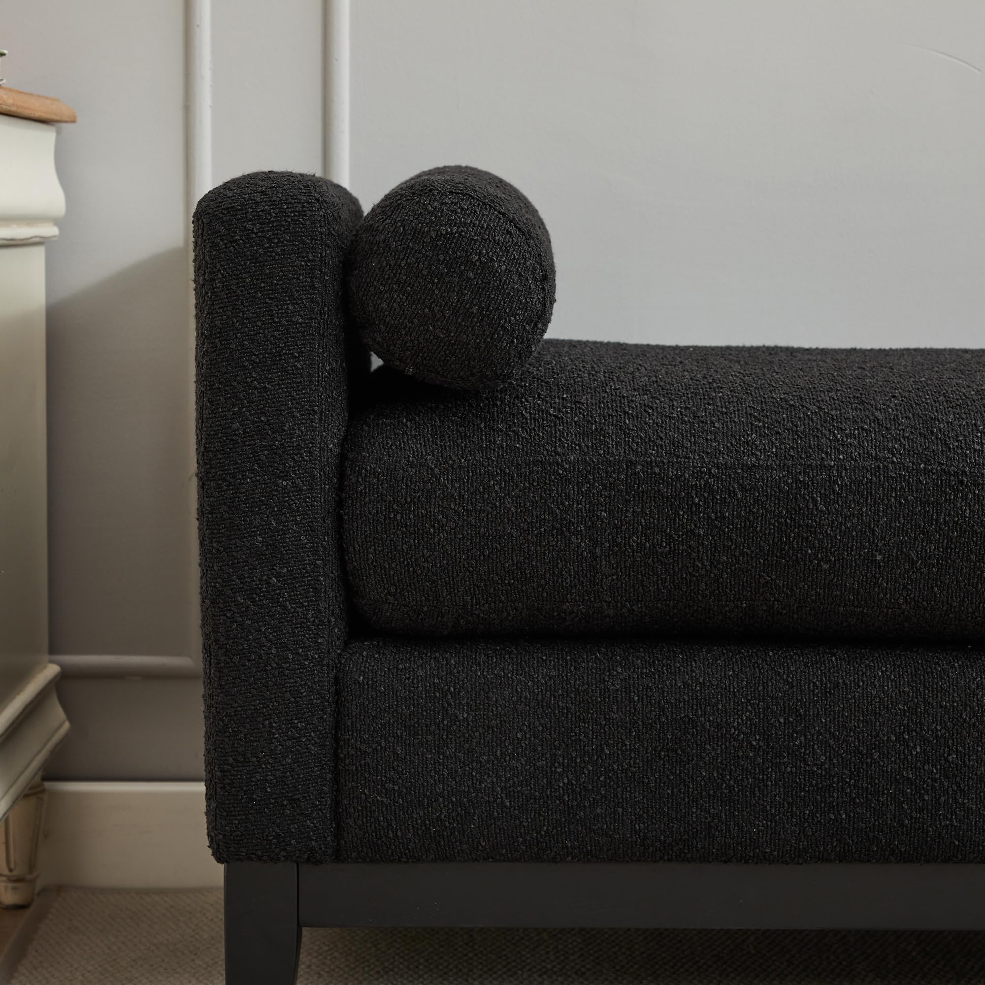 KEIKI Oversize Boucle Bench Ottoman with 2 Bolster Pillows & Wood Legs, Upholstered End of Bed Daybed Seating, Foot Rest Stool Furniture for Bedroom, Living Room, Entryway, Black