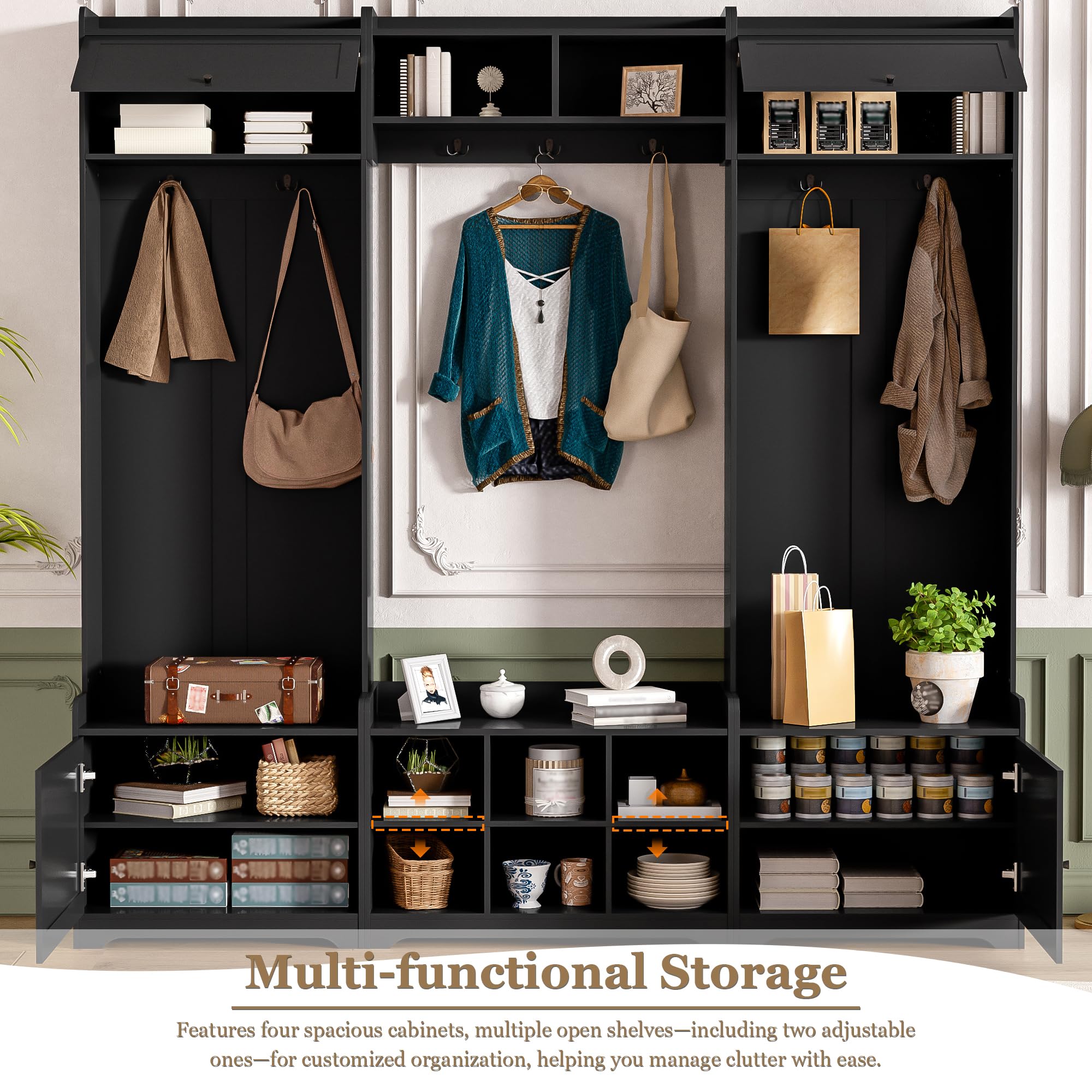 Merax Hall Tree with Shoe Storage, 4-in-1 Entryway Bench with Coat Rack & Adjustable Shelf & Top Storage for Hallway, Black