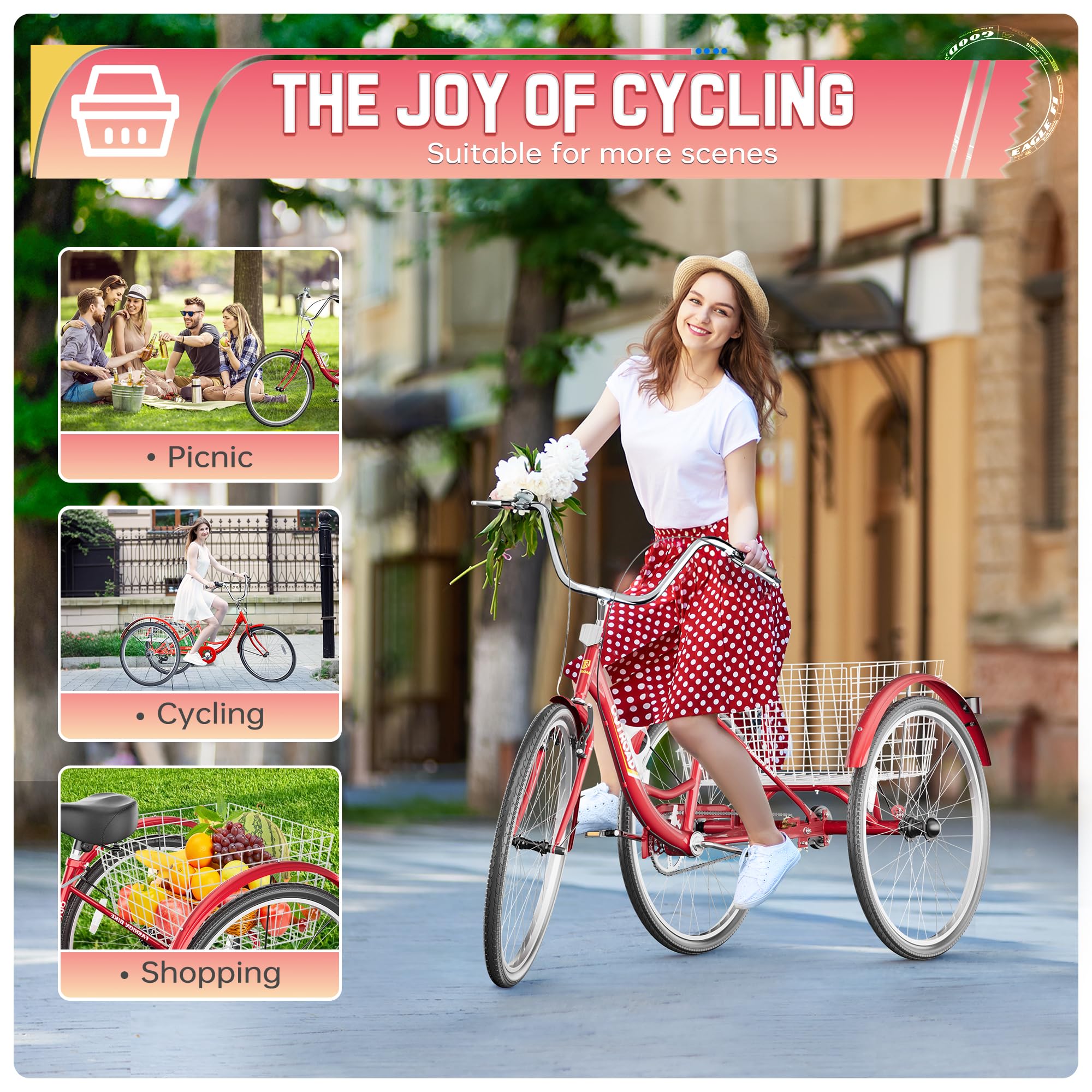 MarKnig 1 Speed Adult Tricycle, 24 Inch 3 Wheel Bikes with Large Basket, Cruiser Bike for Women/Men/Seniors, Adult Trike for Outdoor/Shopping/Recreation/Picnic (Red)