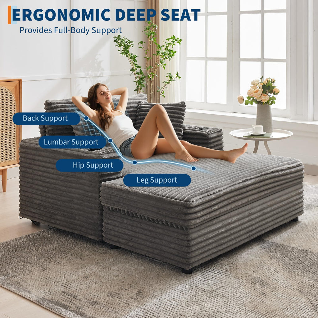 Garvee 60" Oversized Chaise Lounge Chair Indoor, Corduroy Upholstered Sleeper Sofa Bed w/Cup Holder & Charging Port, Cloud Couch Sofa Chair w/Throw Pillows & Wide Arms for Living Room, Bedroom, Gray