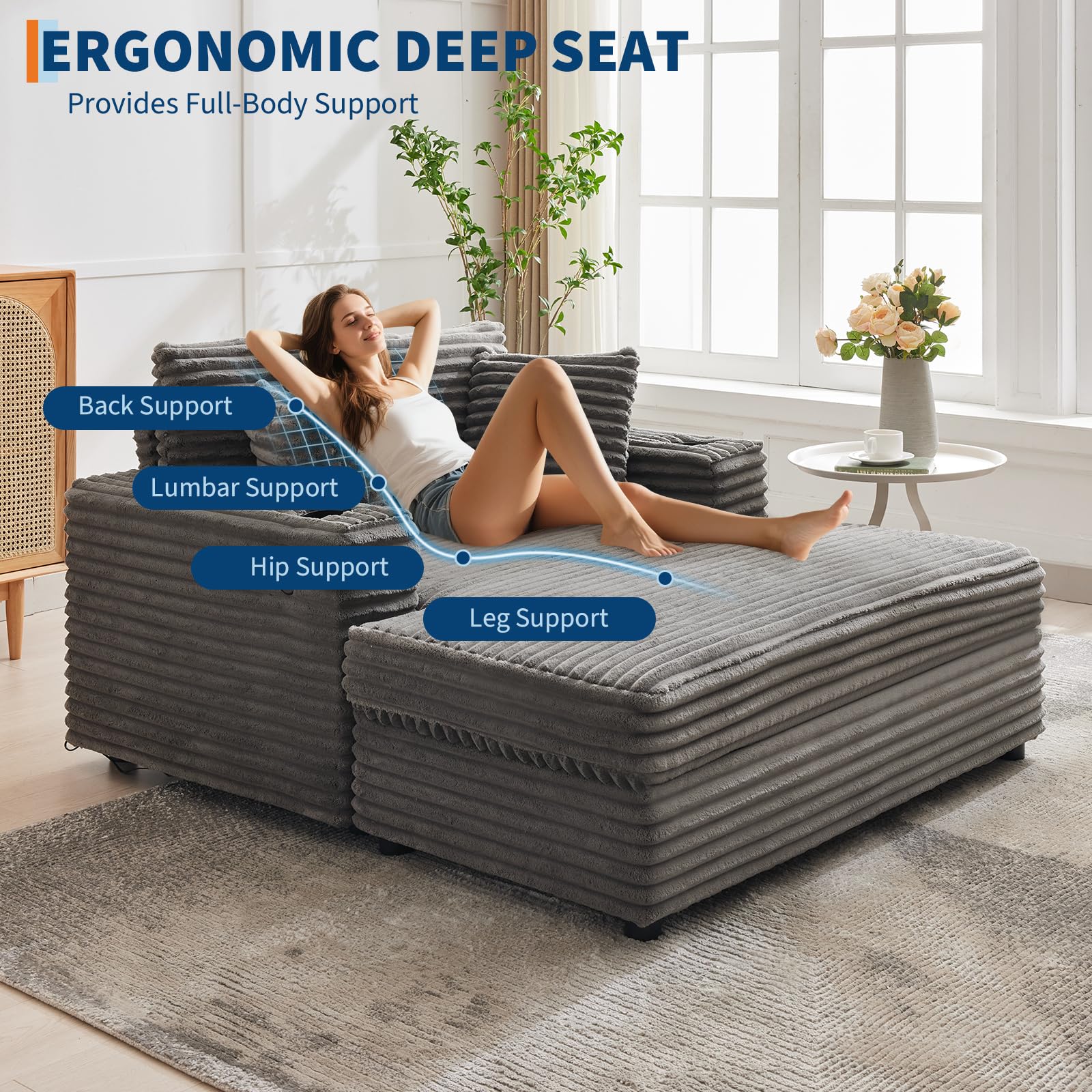 Garvee 60" Oversized Chaise Lounge Chair Indoor, Corduroy Upholstered Sleeper Sofa Bed w/Cup Holder & Charging Port, Cloud Couch Sofa Chair w/Throw Pillows & Wide Arms for Living Room, Bedroom, Gray