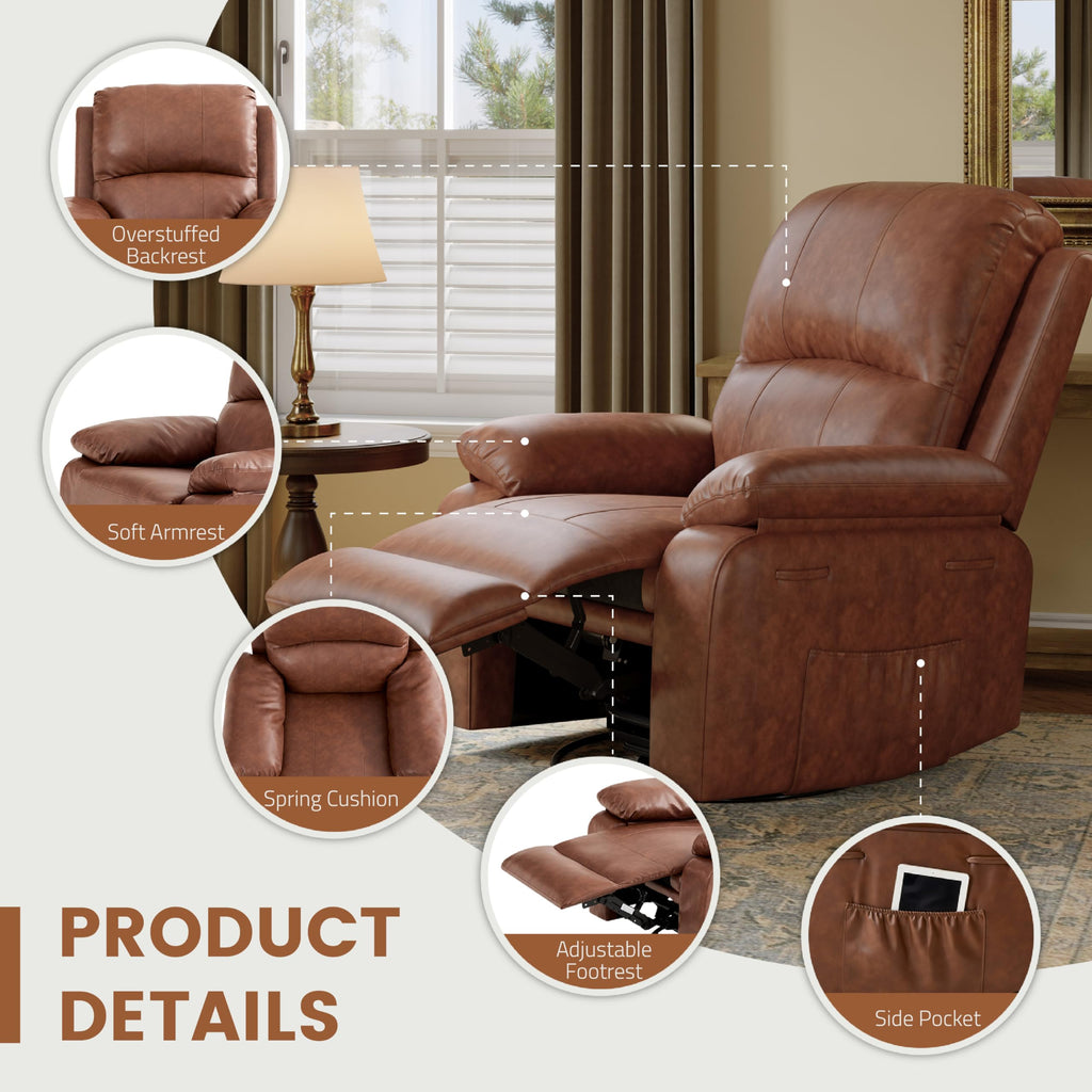 Attalee Leather Swivel Rocker Recliner Chair, Traditional Manual Chair, Upholstered Nursery Glider Rocking Recliner, Comfy Faux Leather Single Sofa with Pocket Spring for Living Room, Camel