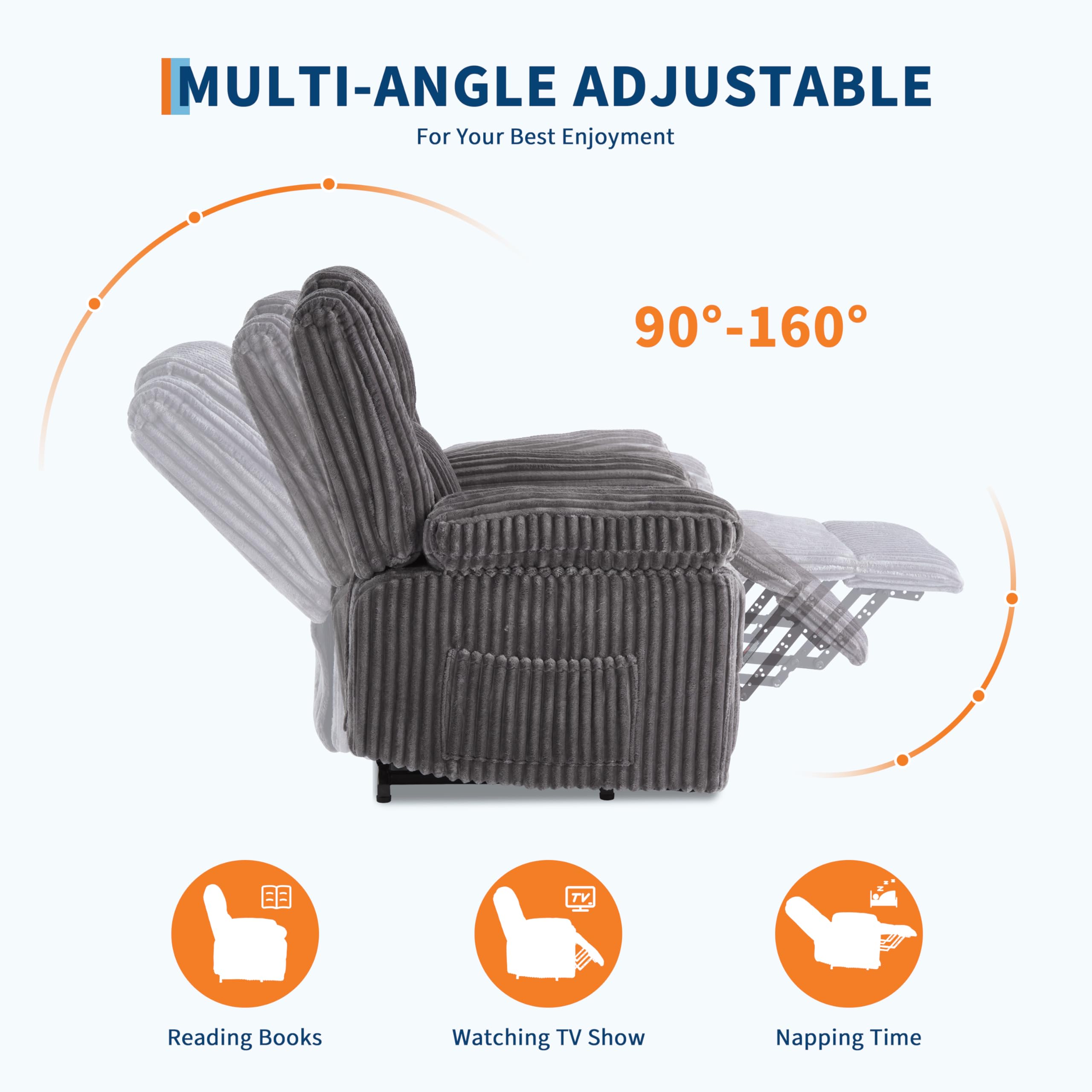 Garvee Corduroy Recliner Chair, Manual Recliner Sofa with Handle, Pillow Top Arms, Thick Padding, Side Pocket, 330Lbs Capacity, Adjustable Recliner for Living Room, Bedroom, Home Theater, Dark Gray