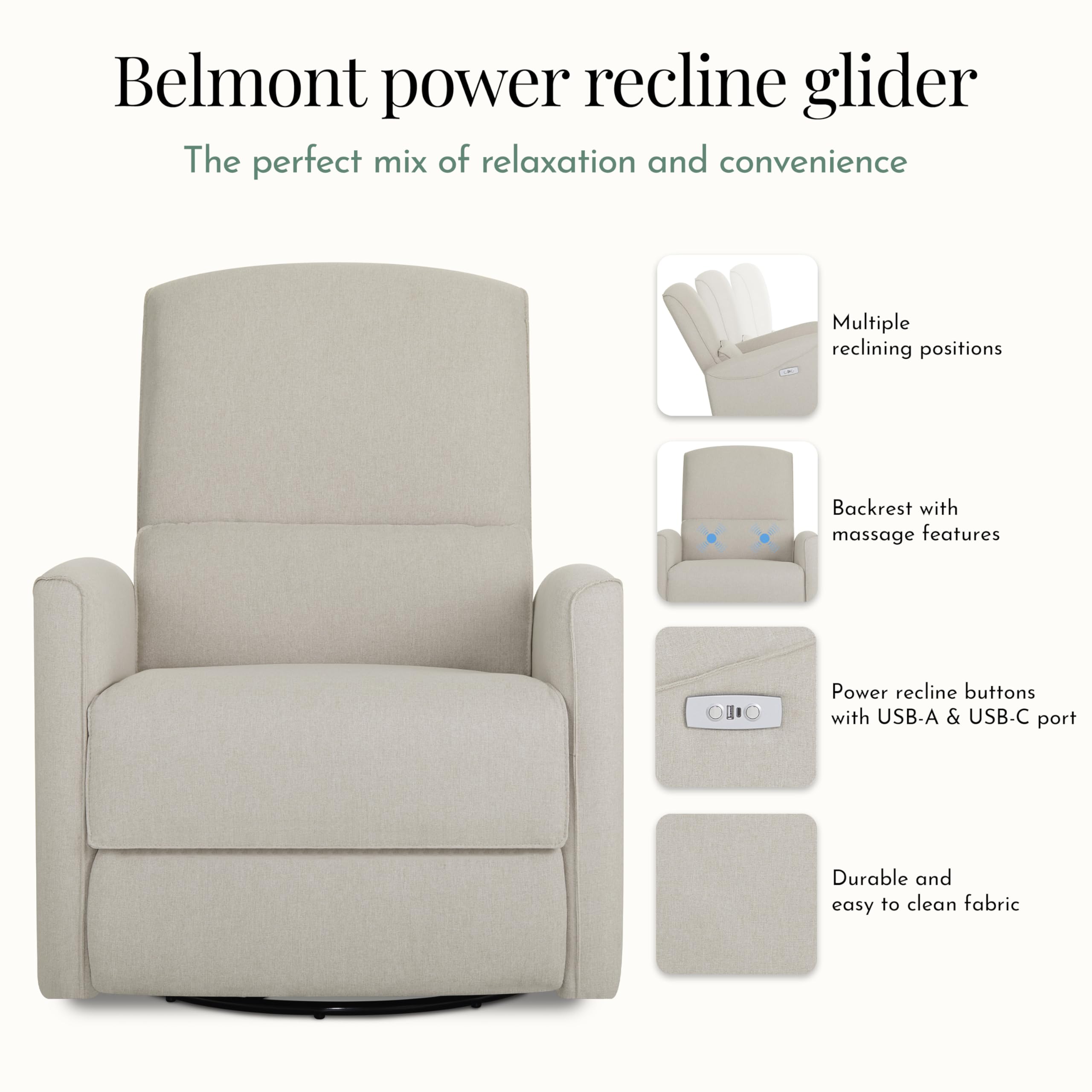 Evolur Belmont Nursery Glider Chair with Massager in Light Sand, Power Recliner with 275° Swivel, Lumbar Support Modern Rocking Chair for Baby Room, Nursery & Living Room