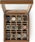 TAWBURY Wooden Watch Case - 12 Slot Wood Watch Box for Men & Women with Glass Display, Protective Fully Lined Interior and 2-inch Wide Pillows for Small & Large Watches (Classic Walnut)