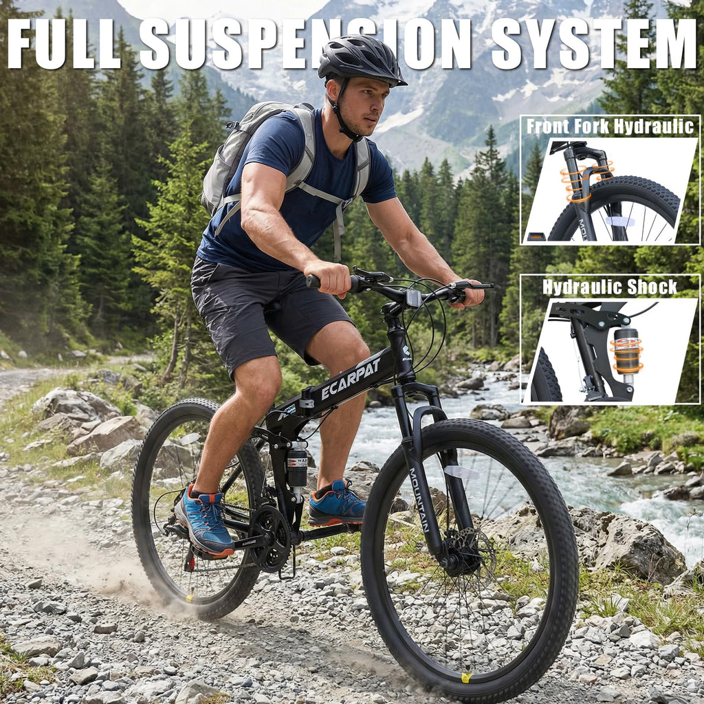 richvelo 26 Inch Foldable Mountain Bike, 21 Speed with Double Shock Effect, High Carbon Steel Frame, Double-Kill Disc Brake System, Unique Design and Ergonomic Frame & Cushion, Black