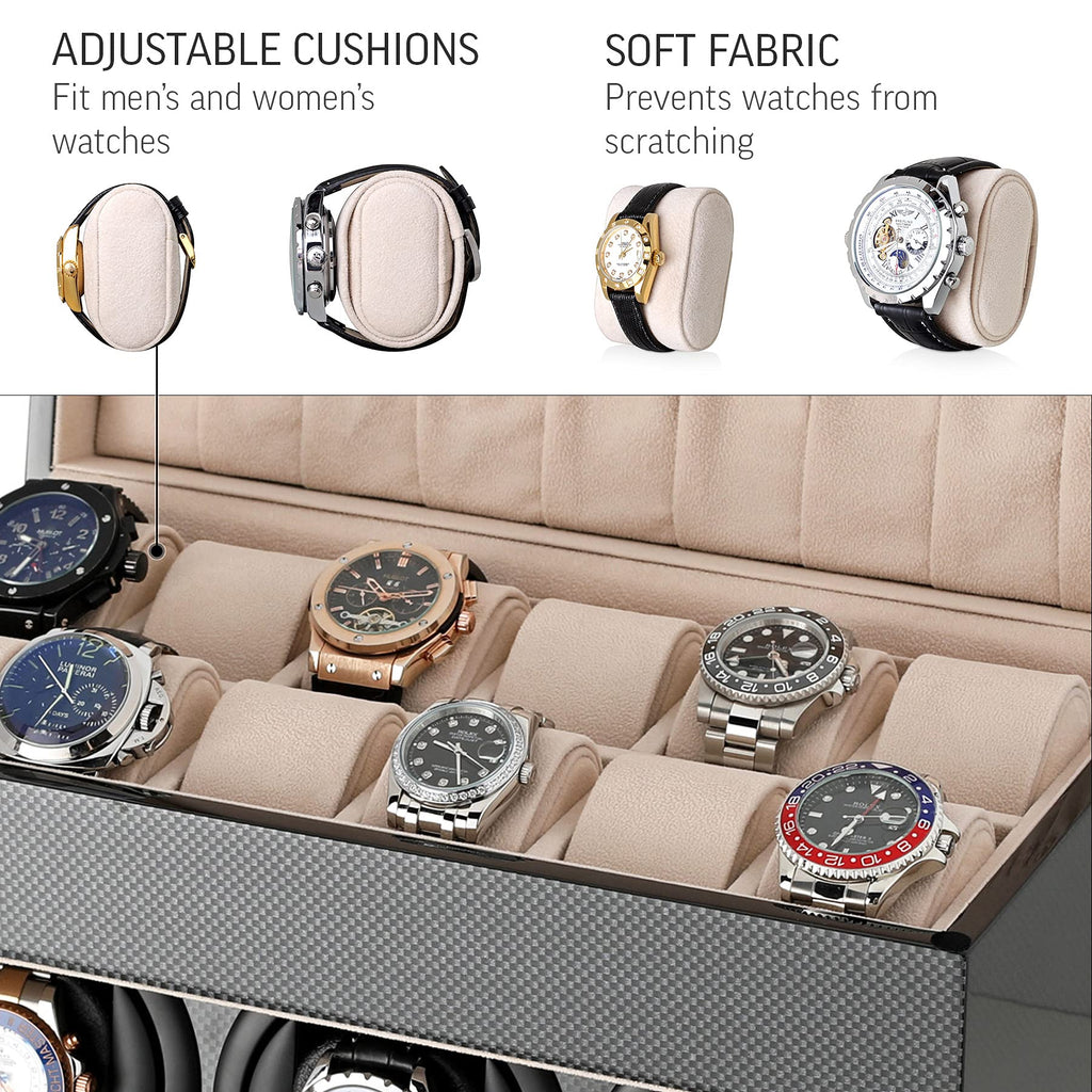 Watch Winder and Storage box for winding 3 Automatic Watches and 12 Watch Storage Space (Carbon + Beige)