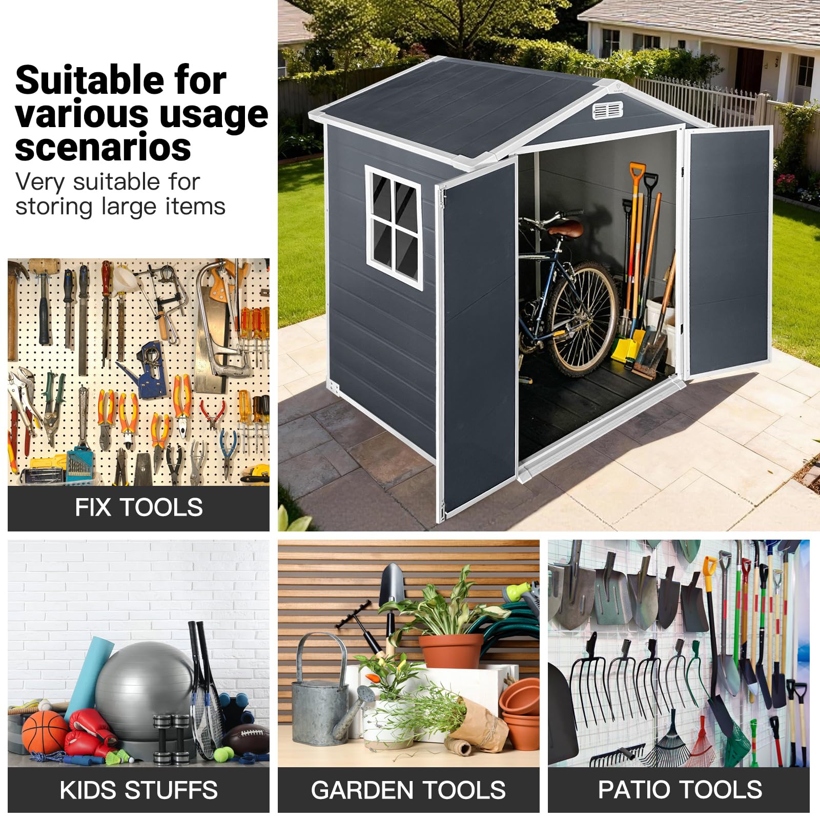 YOPTO 6x4 FT Storage Shed,Plastic Outdoor Storage Shed with Floor and Lockable Door,Waterproof Garden Shed W/Windows & Vents,Sloped Roof,Tool House for Storing Bicycles,Lawnmowers,Cold Grey