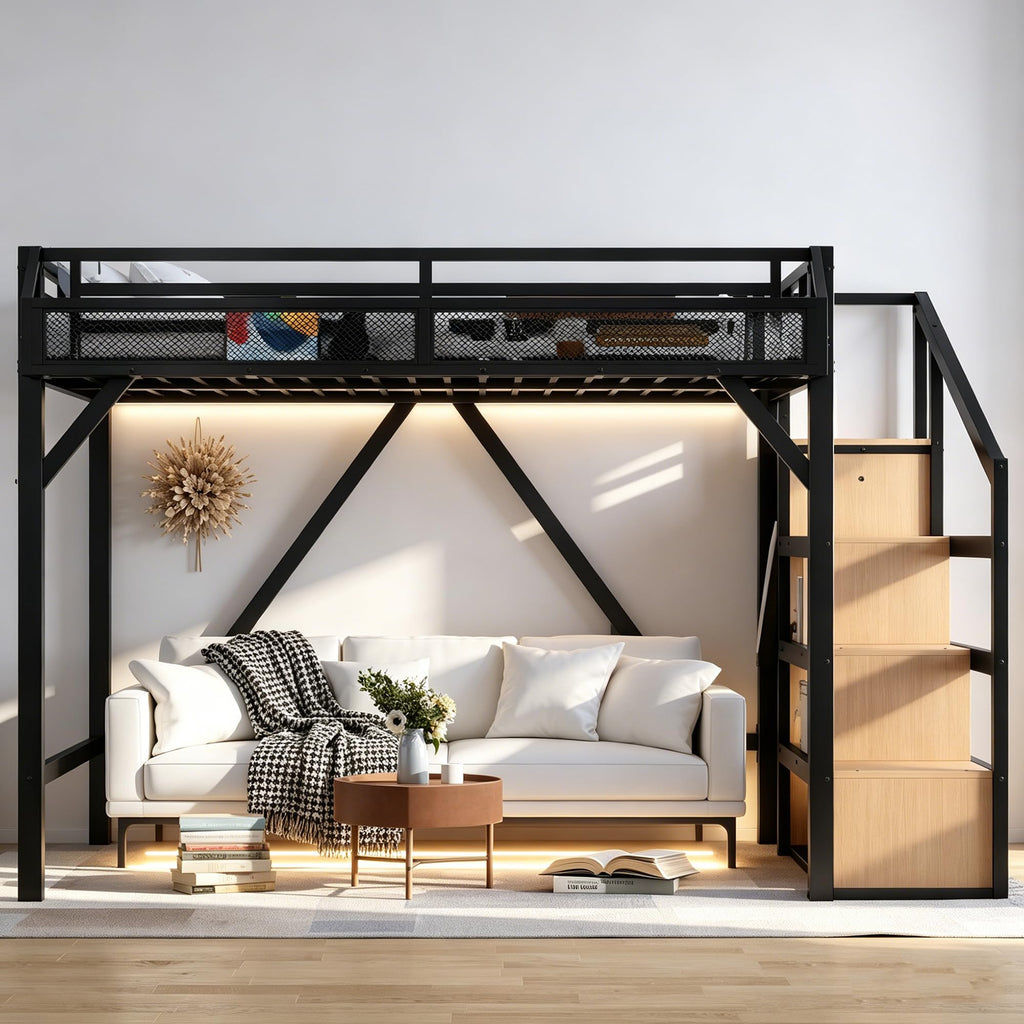 Bellemave Queen Size Loft Bed with Stairs and Wardrobe,Heavy Duty Metal Loft Bed Frame with Shelves,LED Lights and Charging Station for for Kids,Teens,Adults,Natural Wood