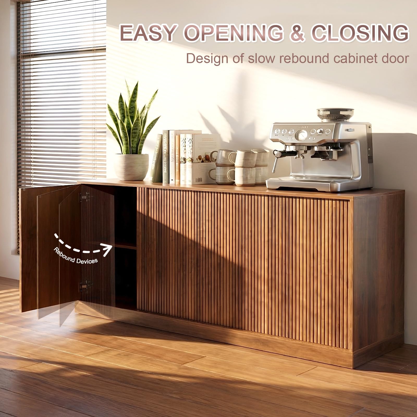 Yaxuordev 63" Sideboard Buffet Cabinet - Black Walnut with Wave Pattern Doors | Mid-Century Modern Credenza Storage for Dining Room, Living Room, Kitchen | TV Stand Console Coffee Bar