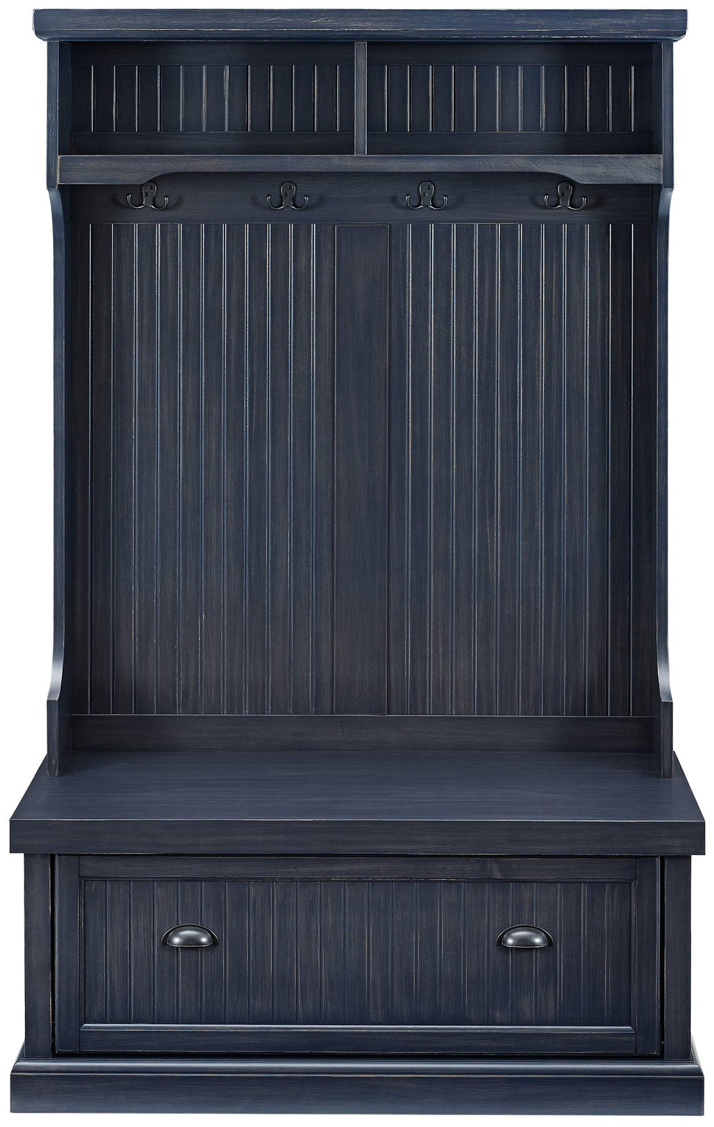 Crosley Furniture Seaside Hall Tree with Shoe Rack Bench and Coat Hooks for Hanging Storage, Distressed Navy