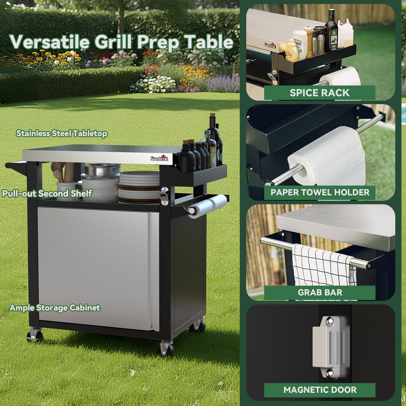 Stanbroil Rolling Grill Table Cart with Storage Cabinet, 3-Shelf Movable Prep Table Outdoor Bar, Multifunctional Grill Cart with Stainless Steel Tabletop, Paper Towel Holder