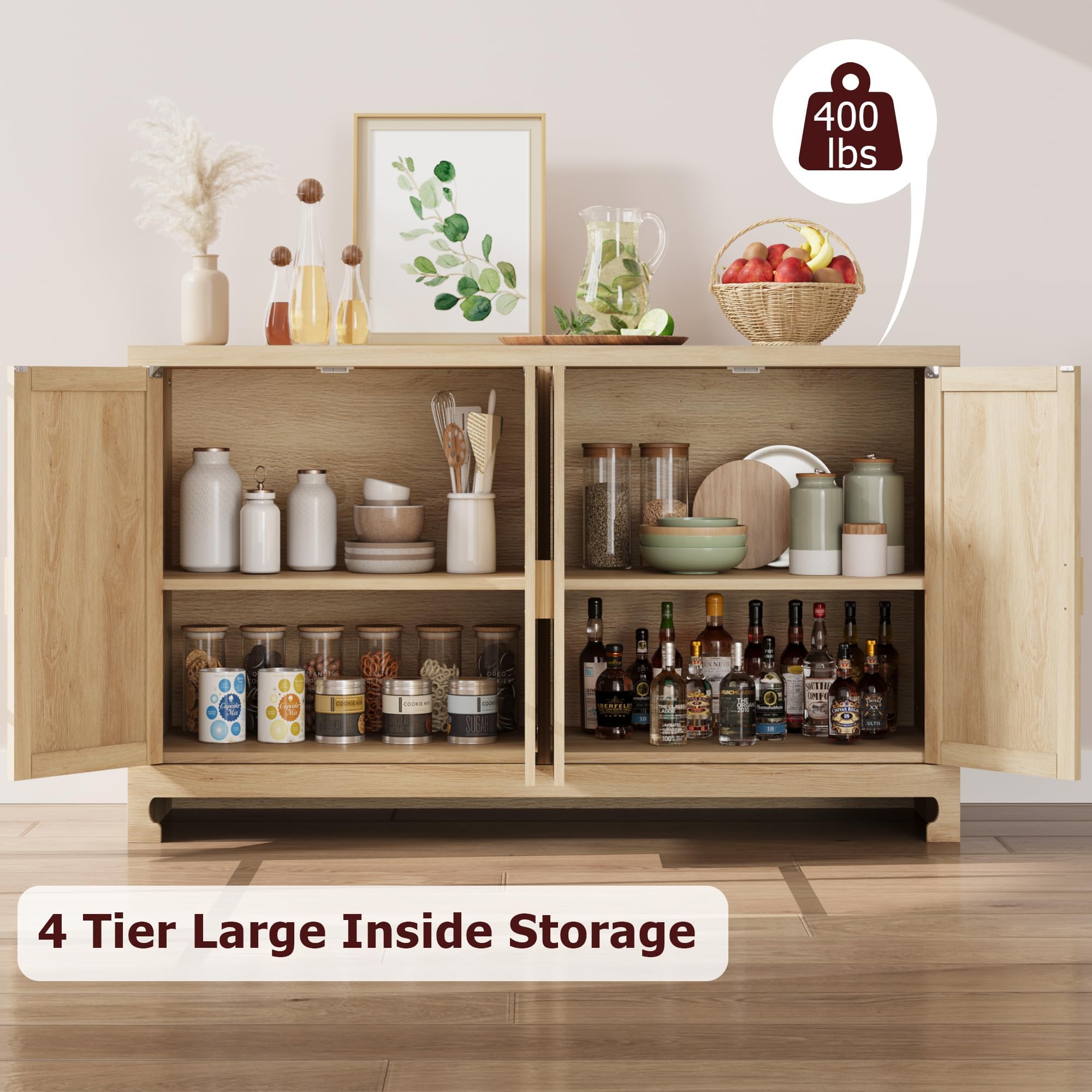 GarveeHome 60 in Farmhouse Rattan Buffet Cabinet - 4-Door Woven Storage Sideboard with Adjustable Shelves, Kitchen Console Table for Dining Room & Living Room Entryway (Oak Brown)