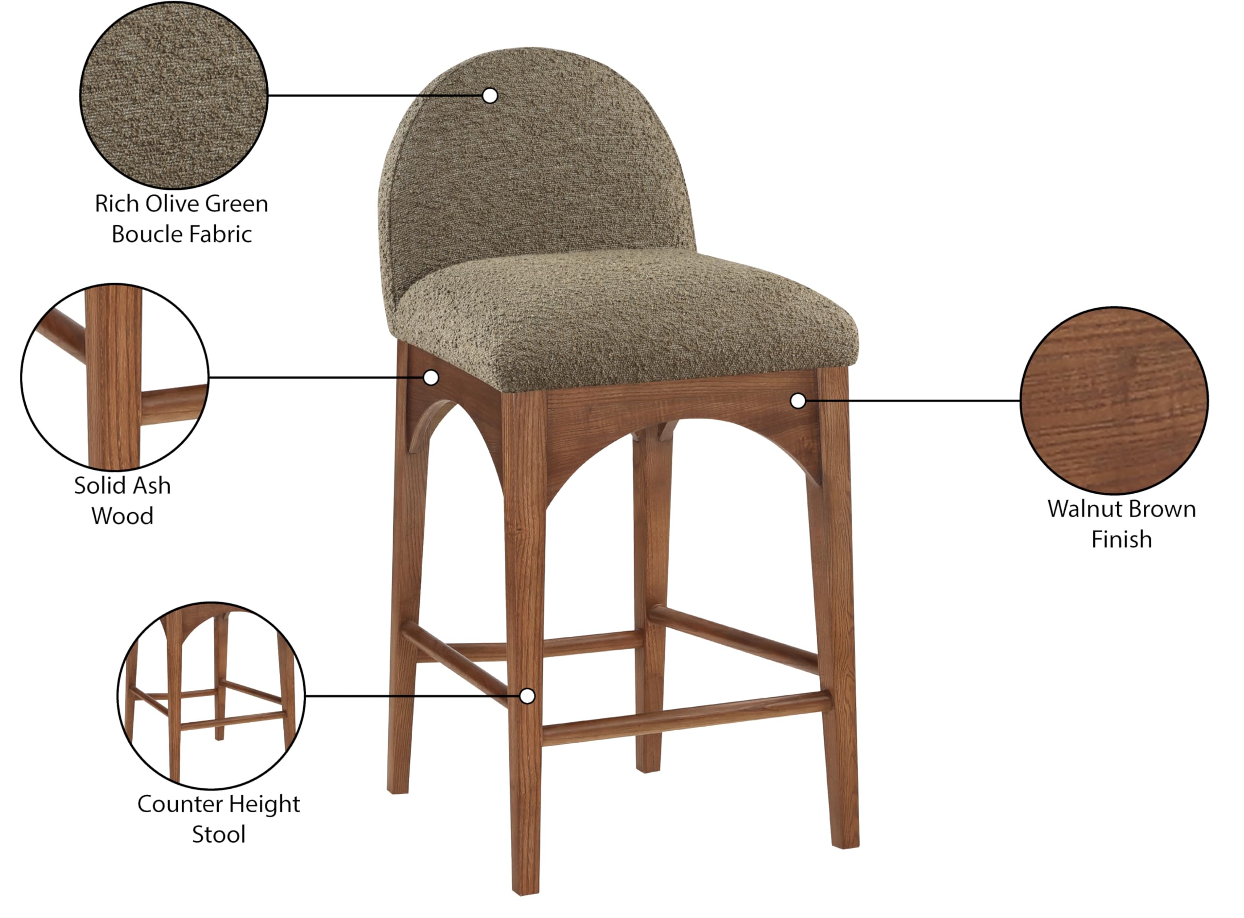 Meridian Furniture 399Olive-C Waldorf Collection Art Deco Stool with Rich Olive Green Boucle Fabric, Solid Ash Wood, Walnut Brown Finish, Counter Height Stool, 18" W x 20" D x 37" H, Olive