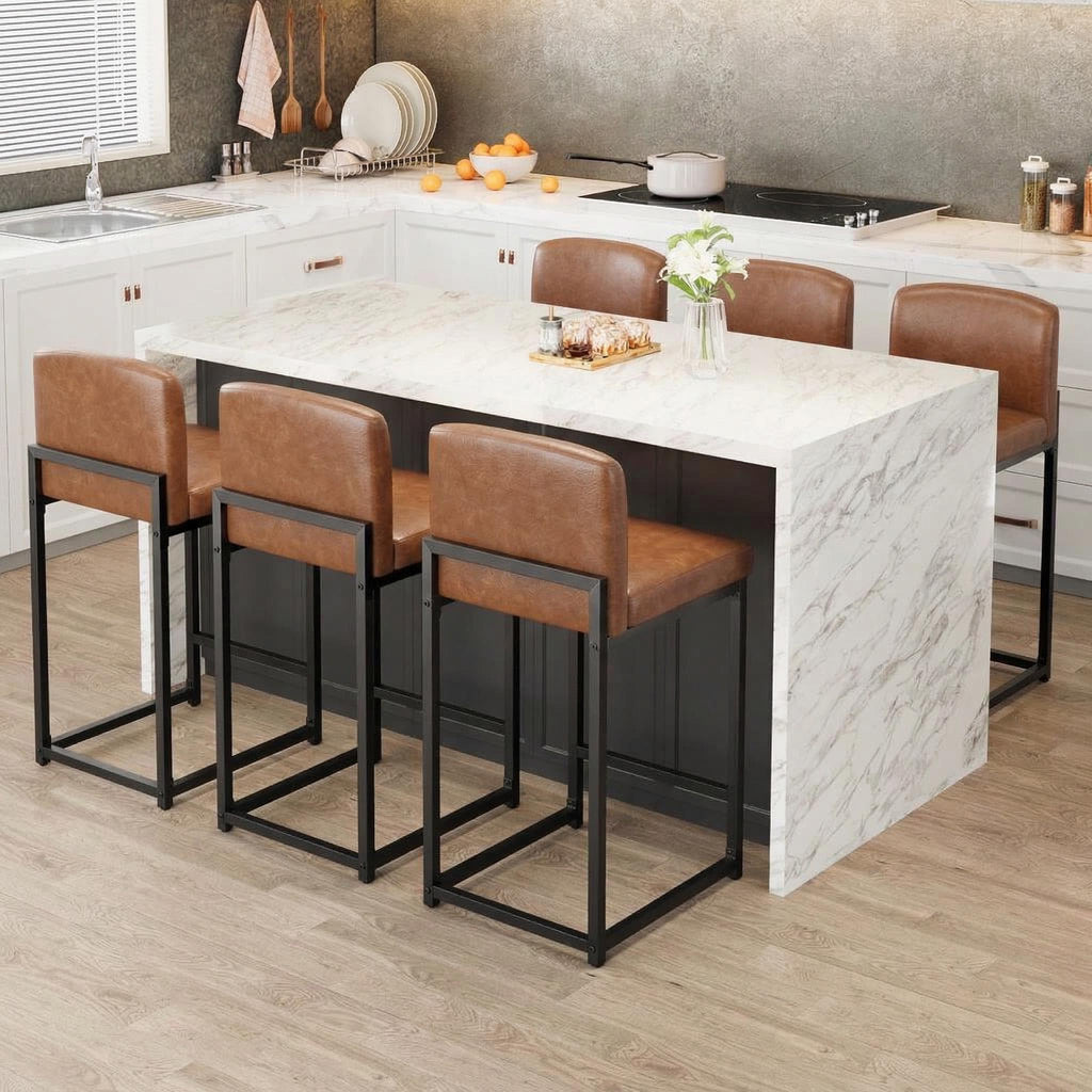 GarveeHome Bar Stools Set of 4, Modern Counter Height Bar Stools with Back and Footrest, Faux Leather Upholstered Barstools Chairs for Kitchen Island Dining Room Bar, Brown