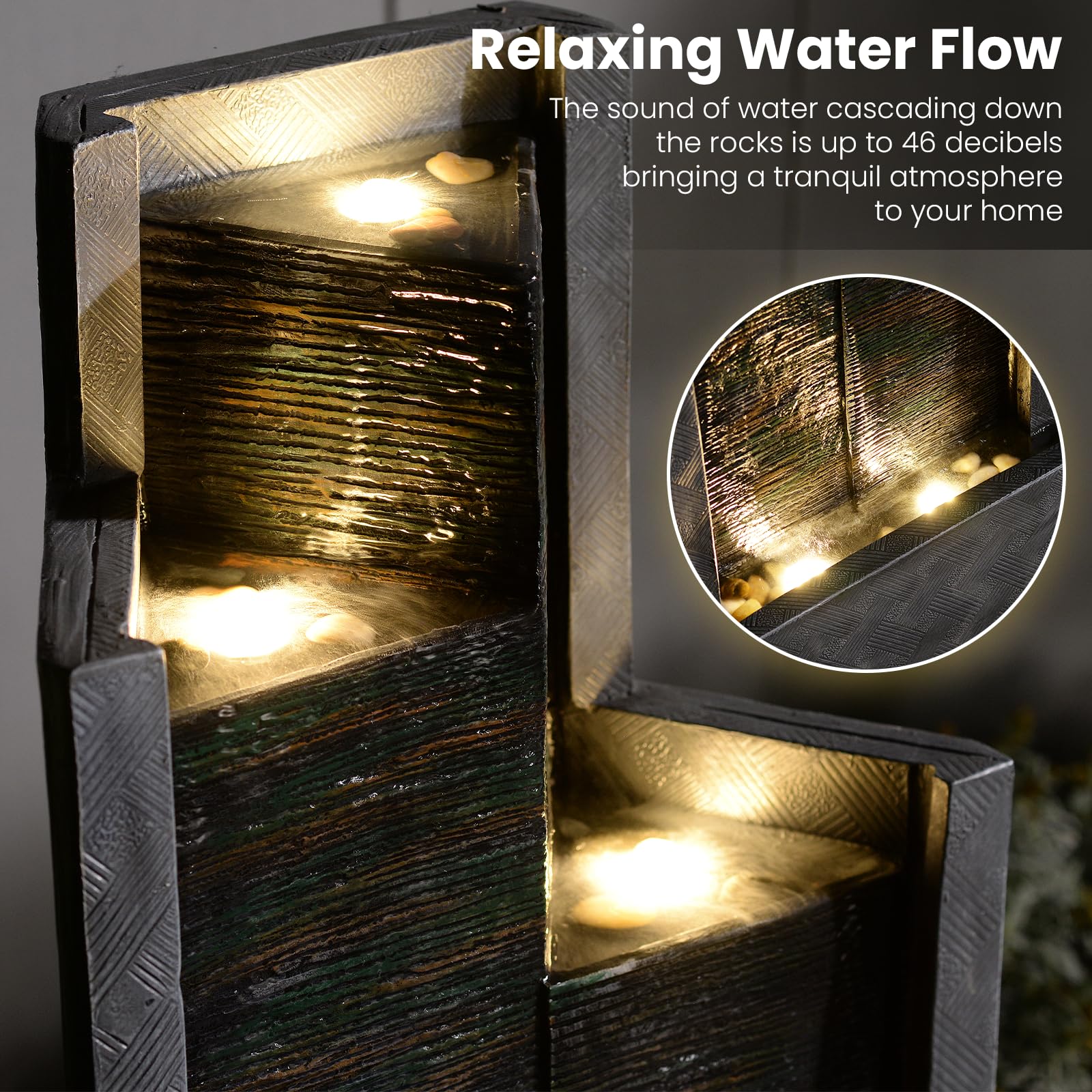 49.6" H Modern Water Outdoor Fountain,Garden Cascading Indoor Resin Water Fountains Tall Floor - Standing Fountain with LED Light for Patio, Yard, Deck and Home Decor