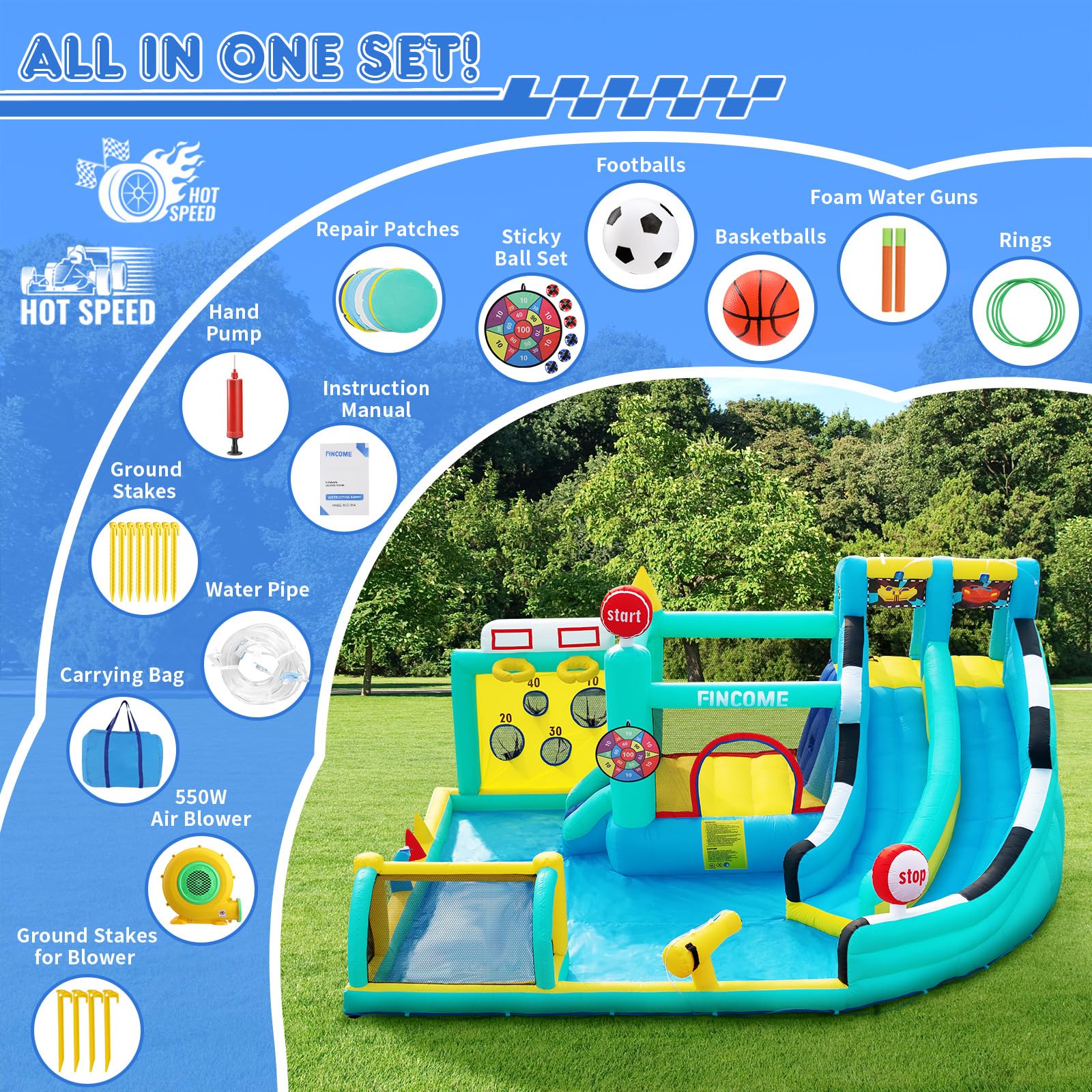 FINCOME Bounce House Double Slides for Kids 3-10, Large Bounce Castle with Air Blower 550W, Pool, Jumping, Climbing, Balls, Ring Toss, Inflatable Water Park for Birthday Party Holiday Outdoor Indoor