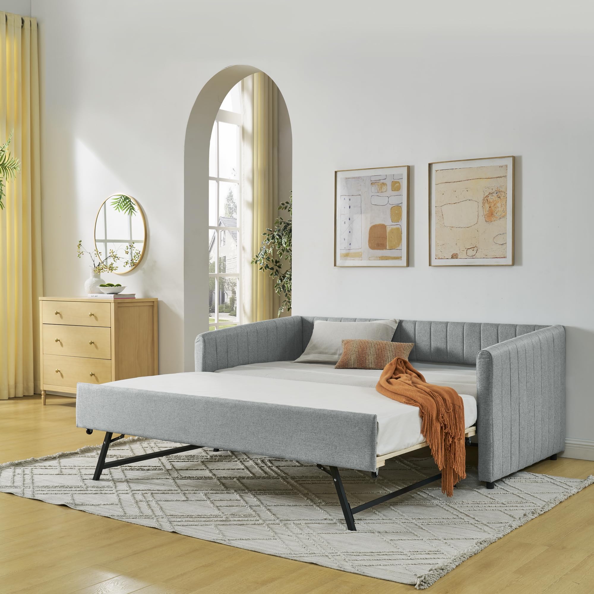 KEIKI Twin Size Upholstery Daybed with Erectable Trundle and Vertical Stripes, Twin to King Design Extendable Linen Sofa Bed, Easy Assembly, No Box Spring Required, for Living Room and Bedroom, Grey