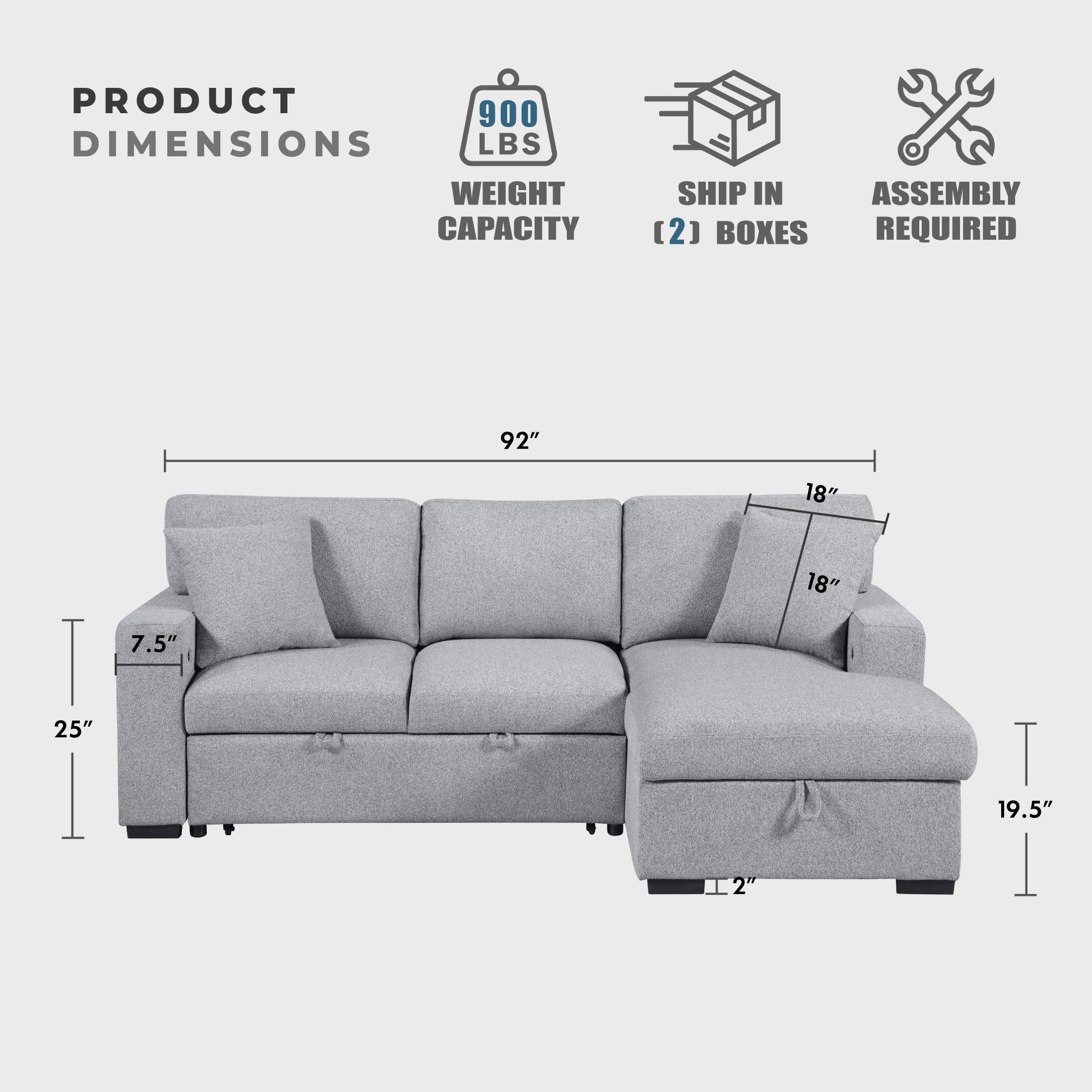 Lexicon 92.5" W L Shape Sectional Couch with Right Storage Chaise and Pull Out Sofa Bed, Sectional Sleeper Sofa with Memory Foam Seat Cushion, Charging Port, Storage Shelf for Living Room, Gray