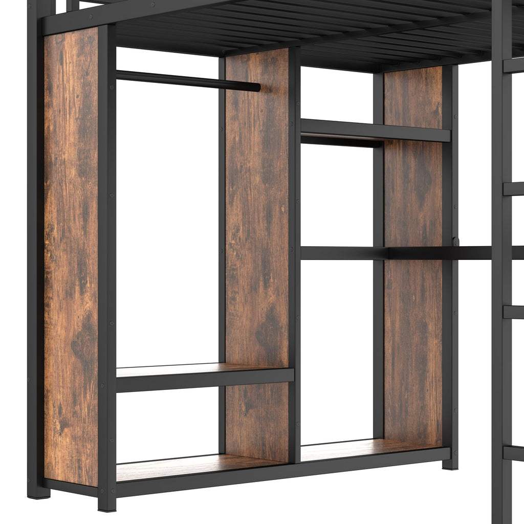 Bellemave Queen Size Loft Bed with Desk and Storage Shelves, Queen Loft Bed with Wardrobe and Hanging Rod, Game Loft Beds with Guardrail, Heavy Duty Loft Beds for Adults, Teens, Black Woodgrain