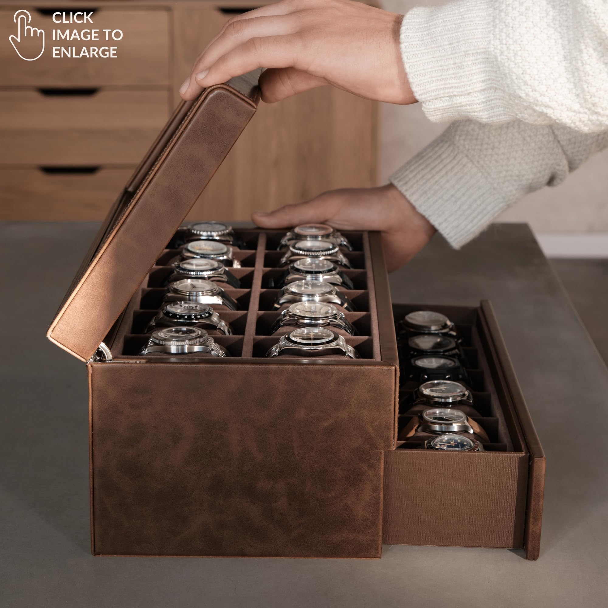 TAWBURY 24 Slot Watch Box for Men - Extra Large Watch Case with Double-Layer Design for Optimized Storage | Removable Drawer for Easy Handling (Brown)