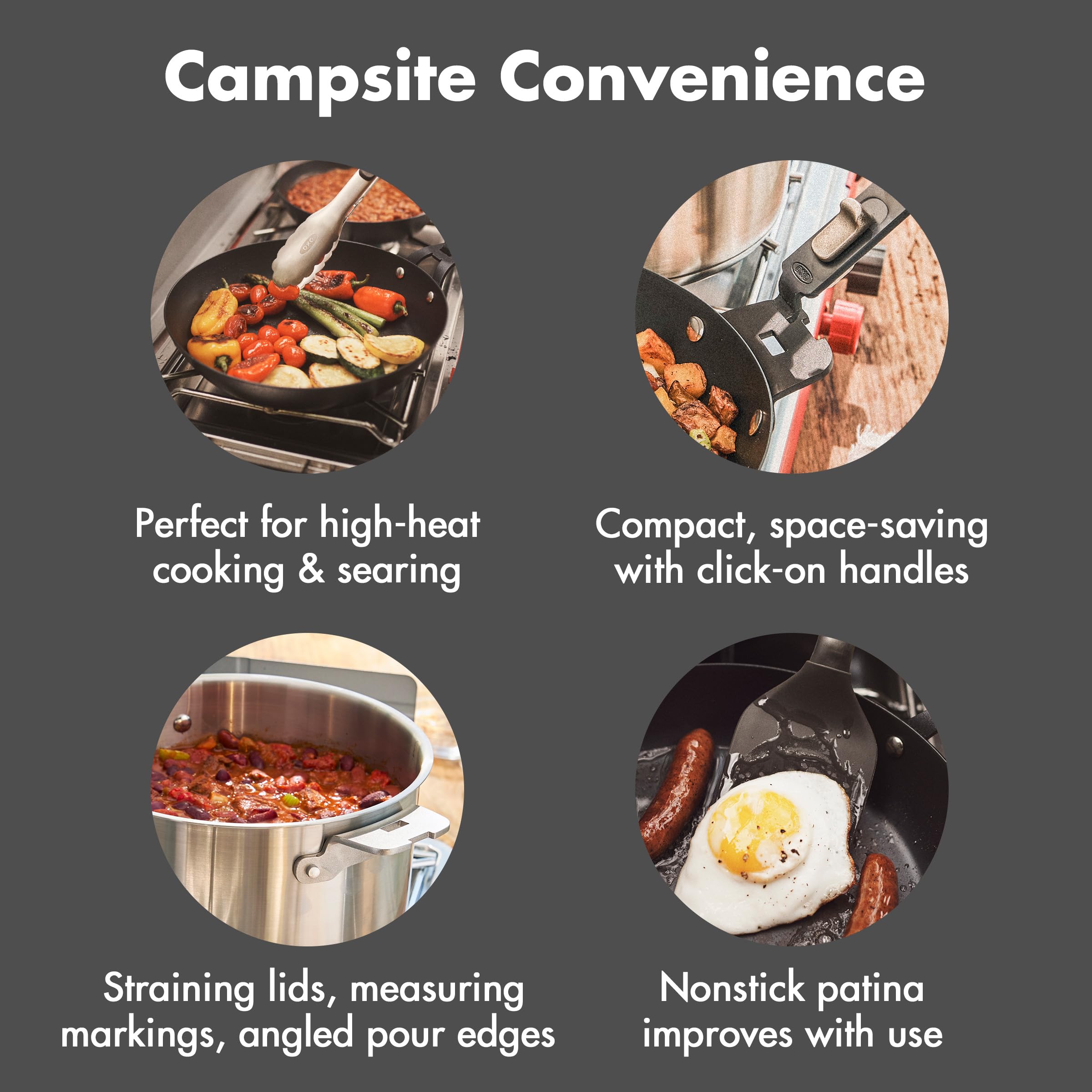 OXO Outdoor 8 Piece Camping Cookware Set, 10" Pre-Seasoned Carbon Steel Frying Pan Skillet, 2.25QT and 5QT Stainless Steel Saucepans with Lids, Removeable Handle, Trivet, Travel Bag, Space-Saving