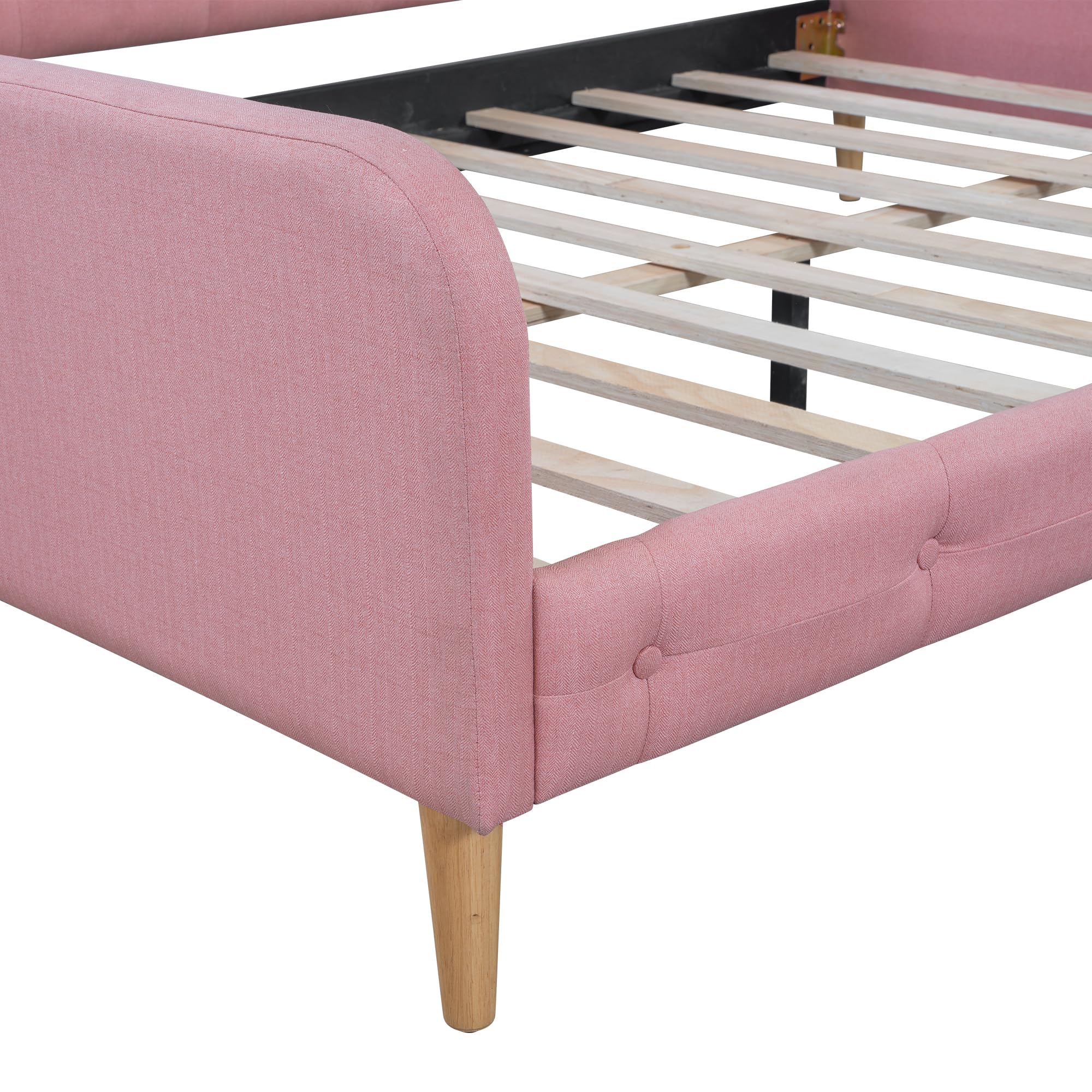 GDFStudio Full Size Upholstered Daybed with Support Legs, Linen Sofa Bed Frame with Button Tufted Sides, Wood Slat Support, No Box Spring Required, Modern Guest Bed for Bedroom or Living Room, Pink