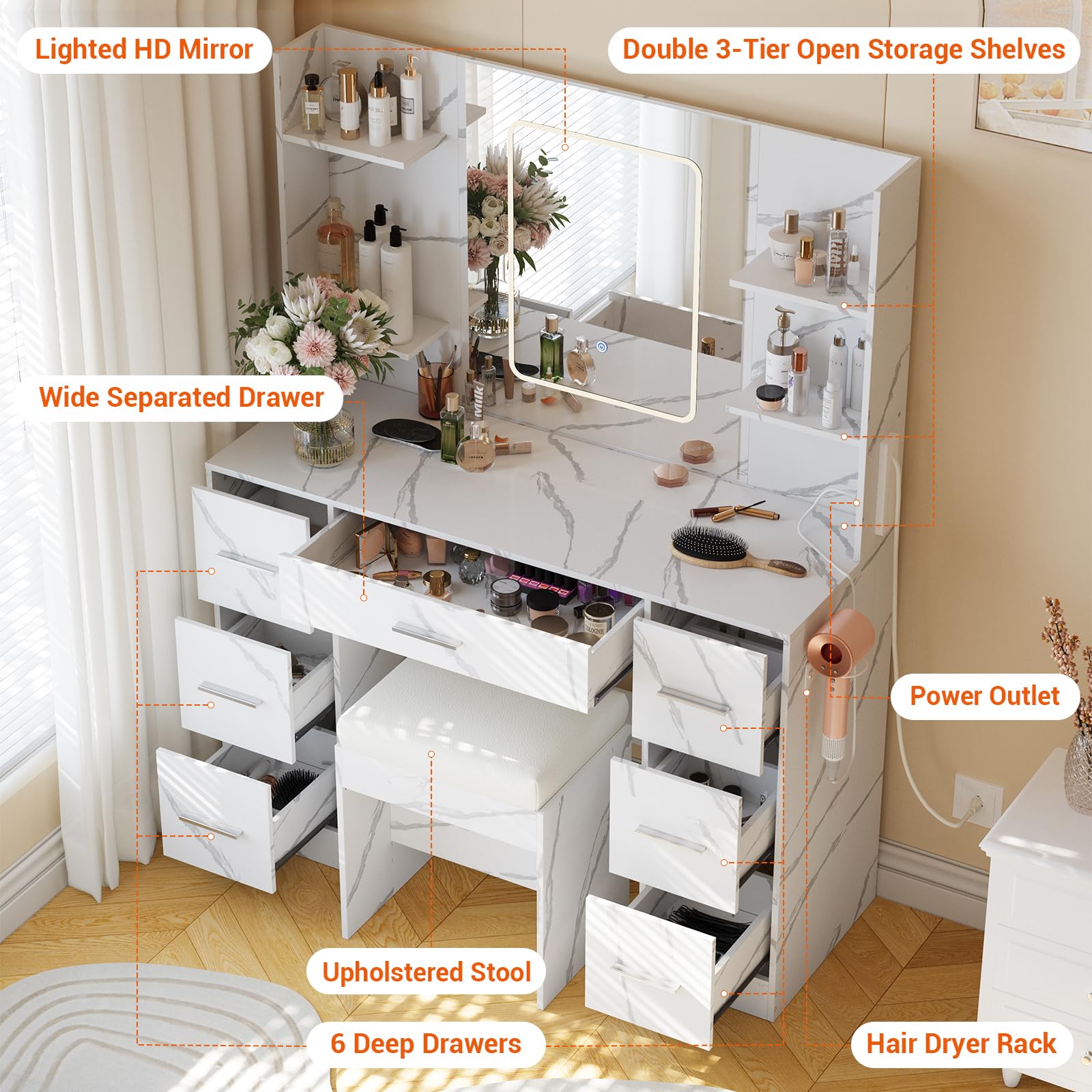 GarveeTech Makeup Vanity with Mirror, Light and Chair, Power Outlet, Hairdryer Holder, 7 Drawers, 3 Lighting Modes Brightness Adjustable Dressing Table for Bedroom