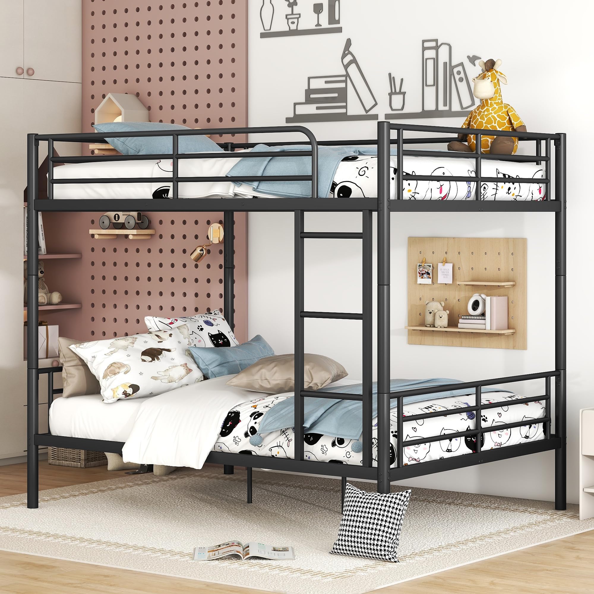 Merax Full Over Full Bunk Bed with Ladder and Guardrails, Black Modern Heavy Metal Bunk Bed Frame for Boys Girls Teens