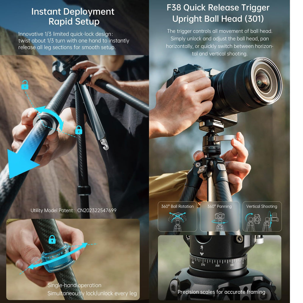 FALCAM TreeRoot Lite F38 Quick Lock Carbon Fiber Travel Tripod with Ball Head Load Capacity 3kg/6.6lbs, Max Vertical Payload 40Kg/88lbs for Cameras (C141K-301)
