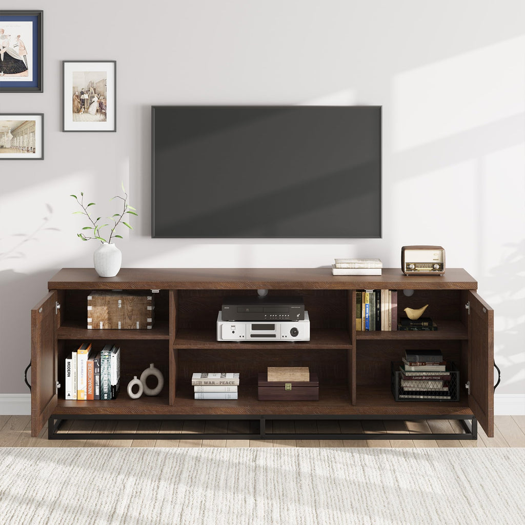 Garvee Farmhouse TV Stand for Living Room, Entertainment Center with 2-Tier Adjustable Shelves & Metal Leg, Wooden TV & Media Console Table for 75 Inch with Storage Compartments, Walnut