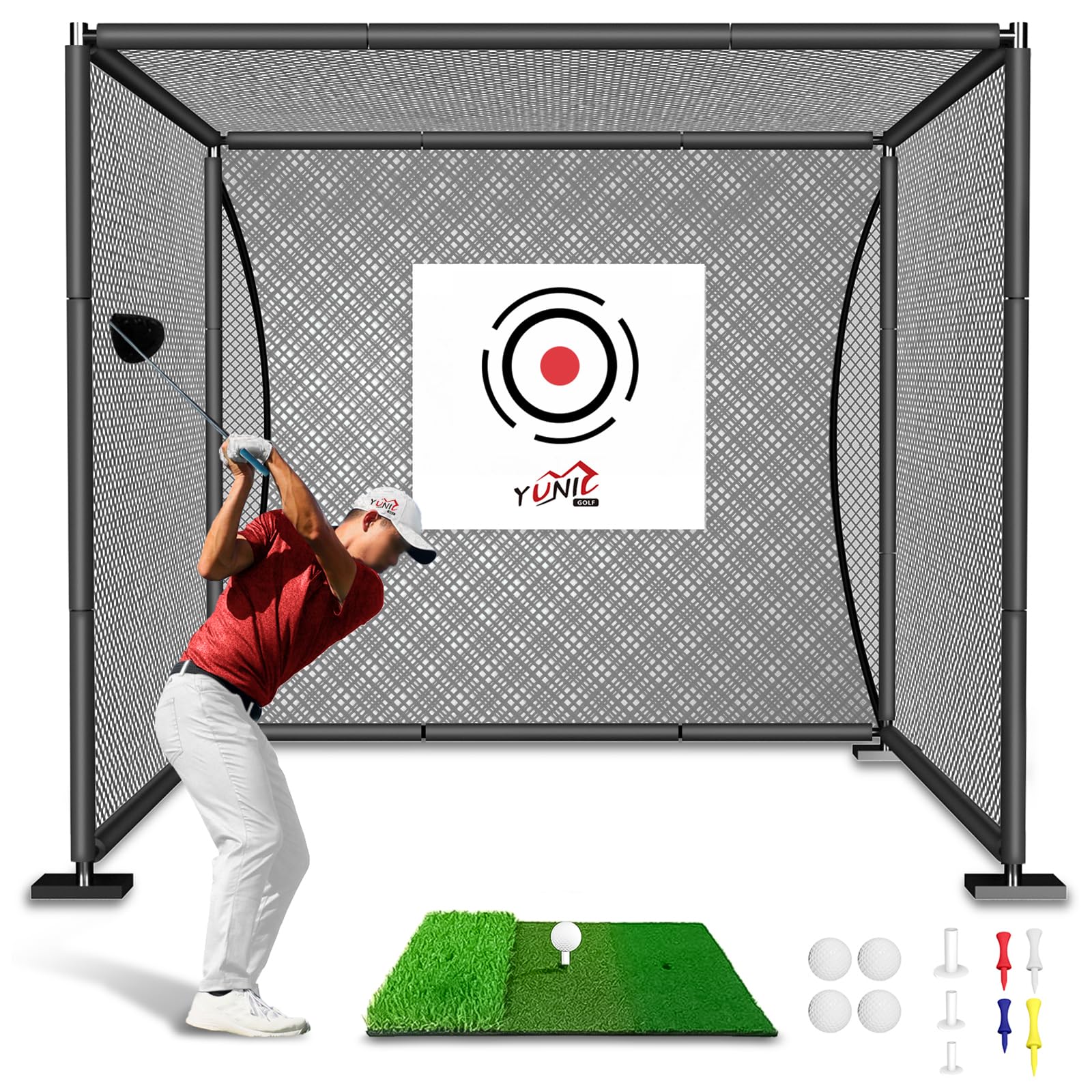 YUNIC Golf Driving Cage with Steel Frame, Golf Nets for Backyard Driving for Full Swing and Chipping Practice Indoor Outdoor (Black, 10'(W) x8'(H) x8'(D))