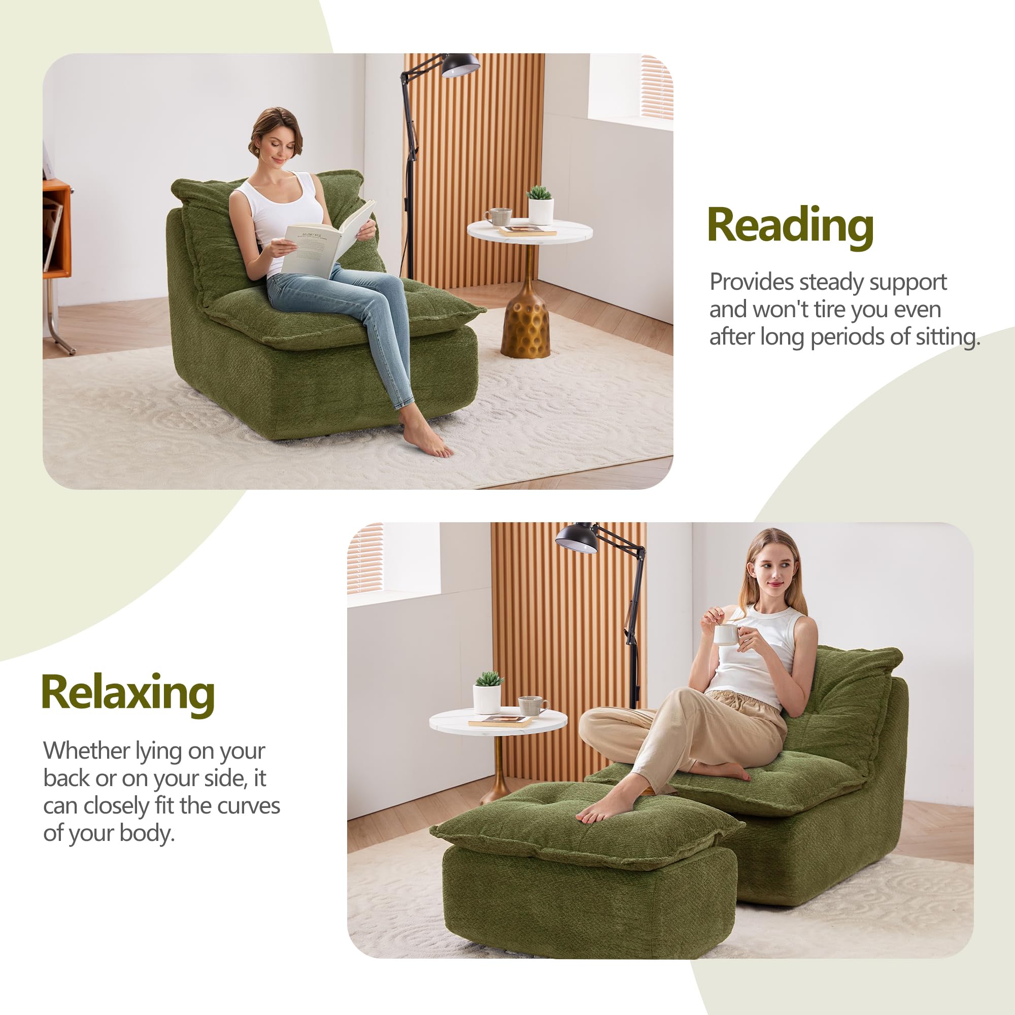 ENYLAY Single Chaise Lounge Chair, 62.2" Lazy Sofa Bean Bag Chair with Ottoman – Modern Boneless Floor Lounger for Bedroom or Living Room, Cozy Cloud Sleeper (Green)
