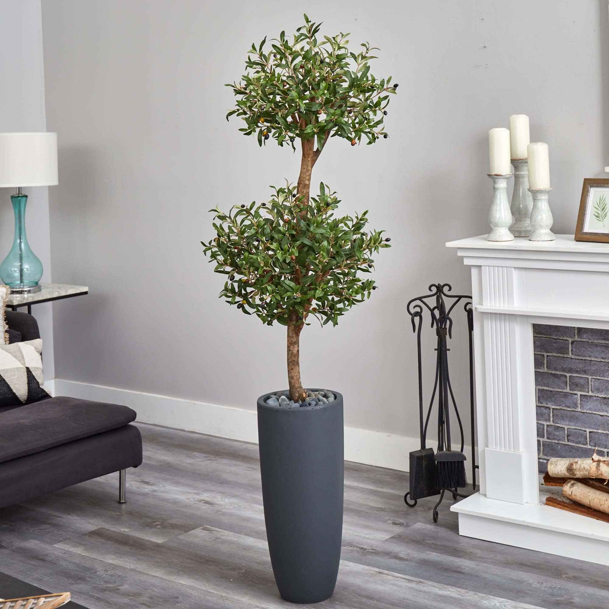 Nearly Natural 6ft. Olive Double Artificial Tree in Gray Cylinder Planter