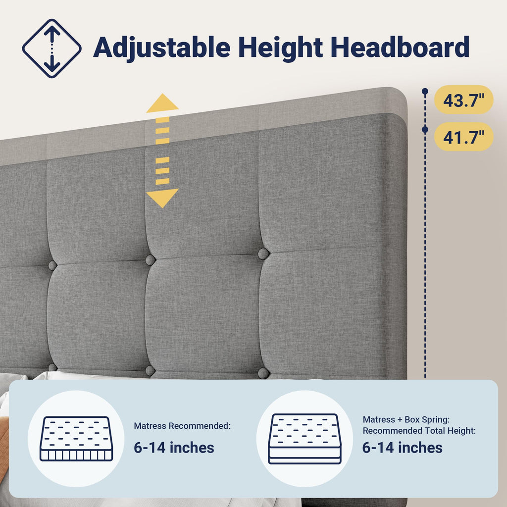 Allewie Upholstered King Size Platform Bed Frame with 4 Storage Drawers and Headboard, Square Stitched Button Tufted, Mattress Foundation with Wooden Slats Support, No Box Spring Needed, Light Grey